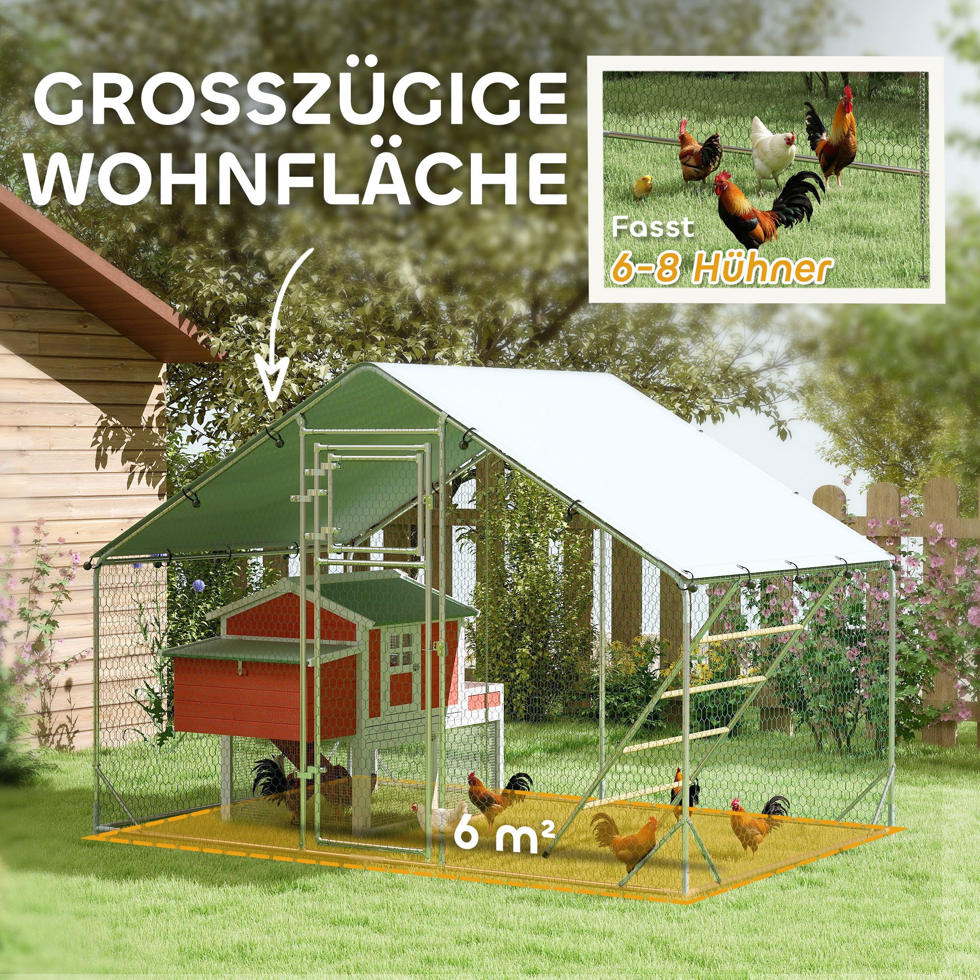 Chicken Coop Free-Range Enclosure, 300 x 200 x 195 cm, Steel, Silver