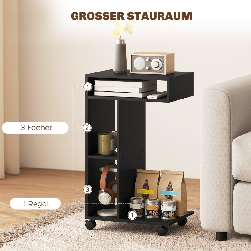 C-Shaped Serving Trolley 40x30x69cm 4 Wheels 3 Compartments - Black