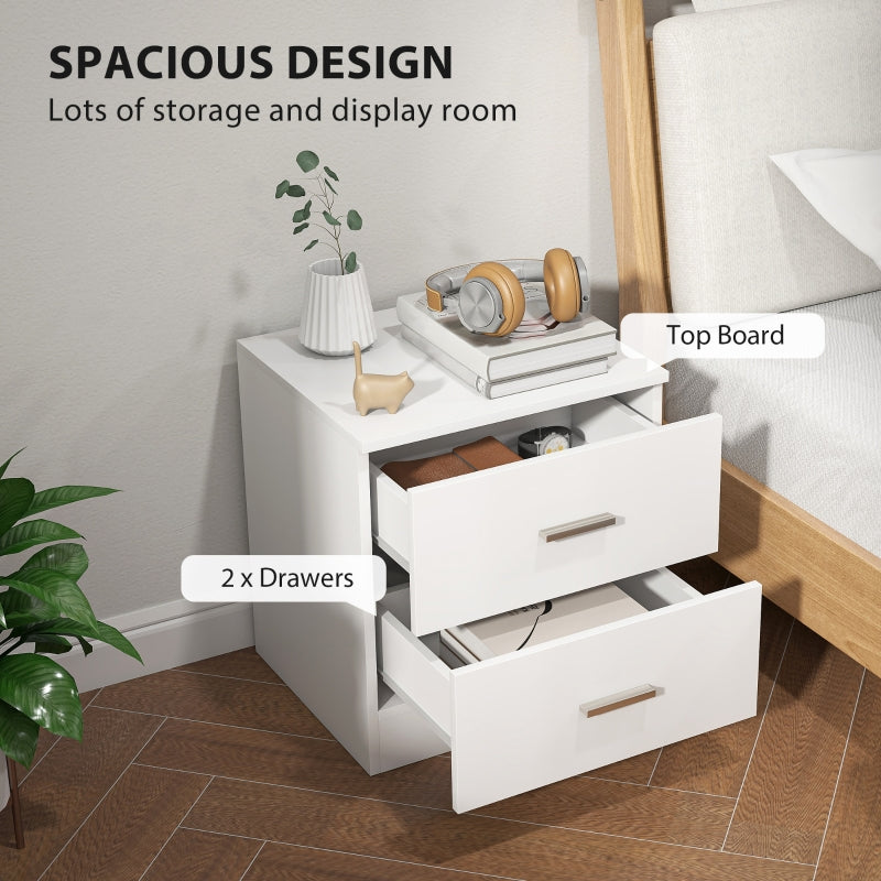 Bedside Table, 2 Drawers Storage Unit, White