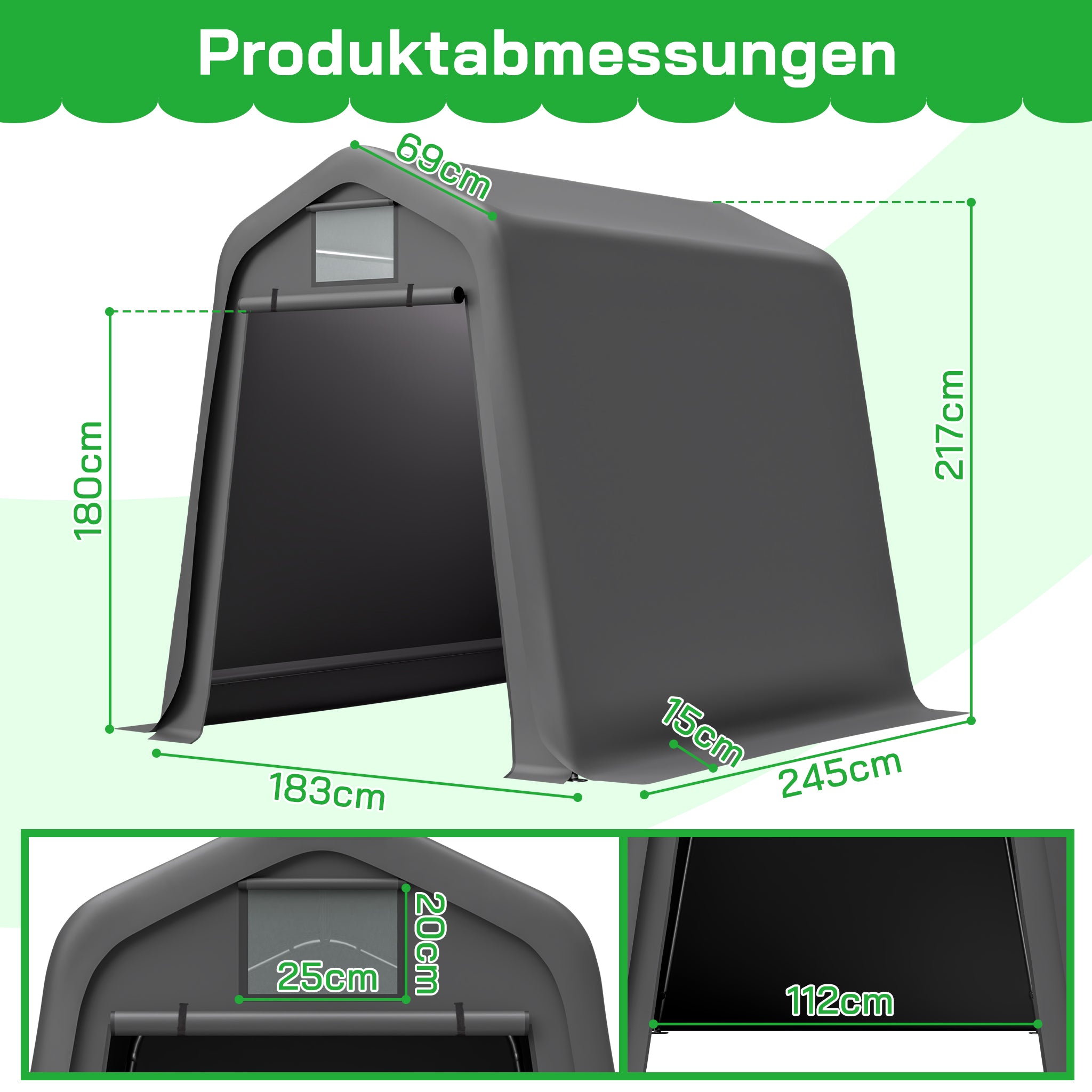 Storage Shed 245x183x217cm, Versatile Garden/Bicycle Shelter with Roller Blinds, UV & Wind Resistant, Grey Waterproof PE
