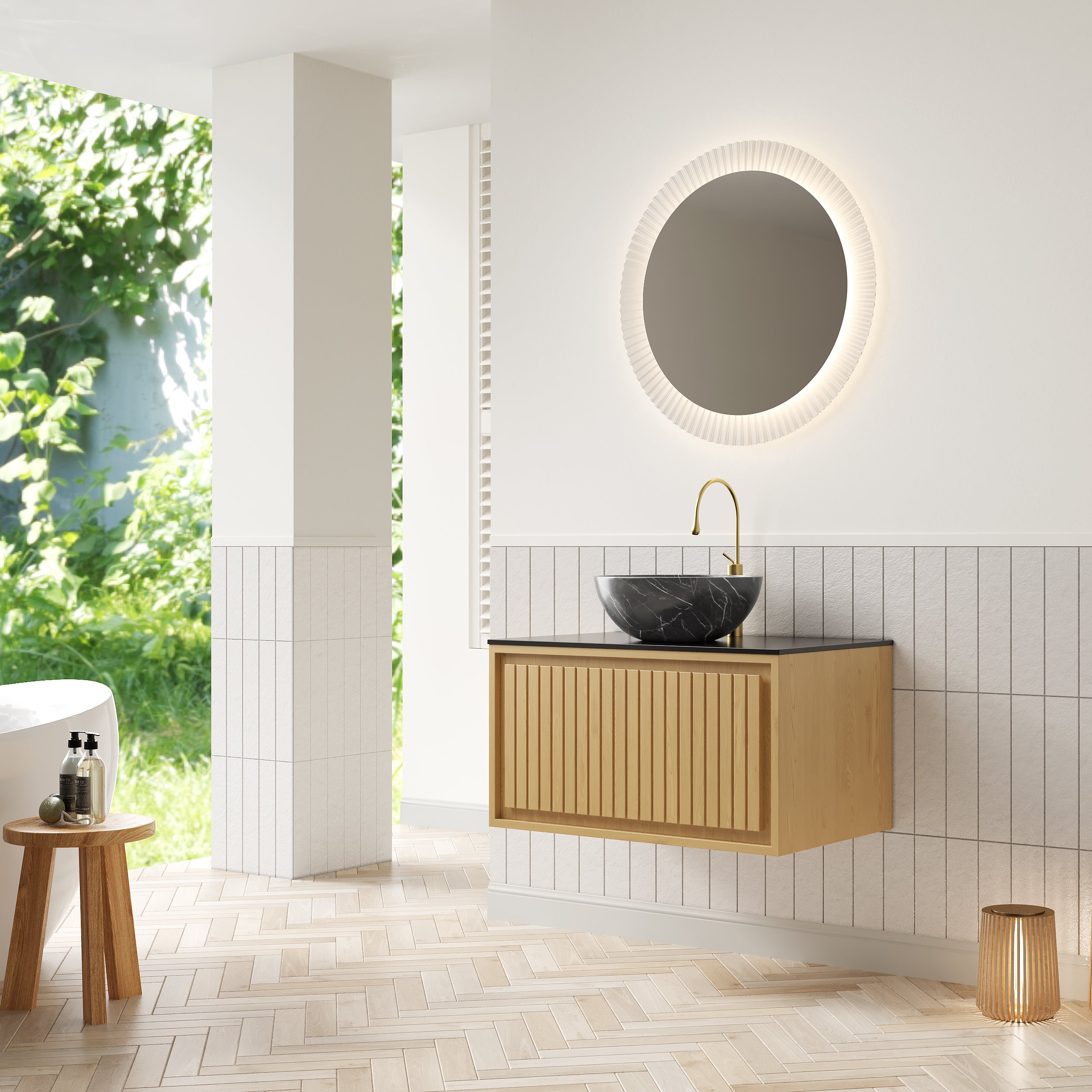 Wall-Hung Bathroom Sink 61cm Black Ceramic Bowl Sintered Stone Top Drawer - Corolla Oak