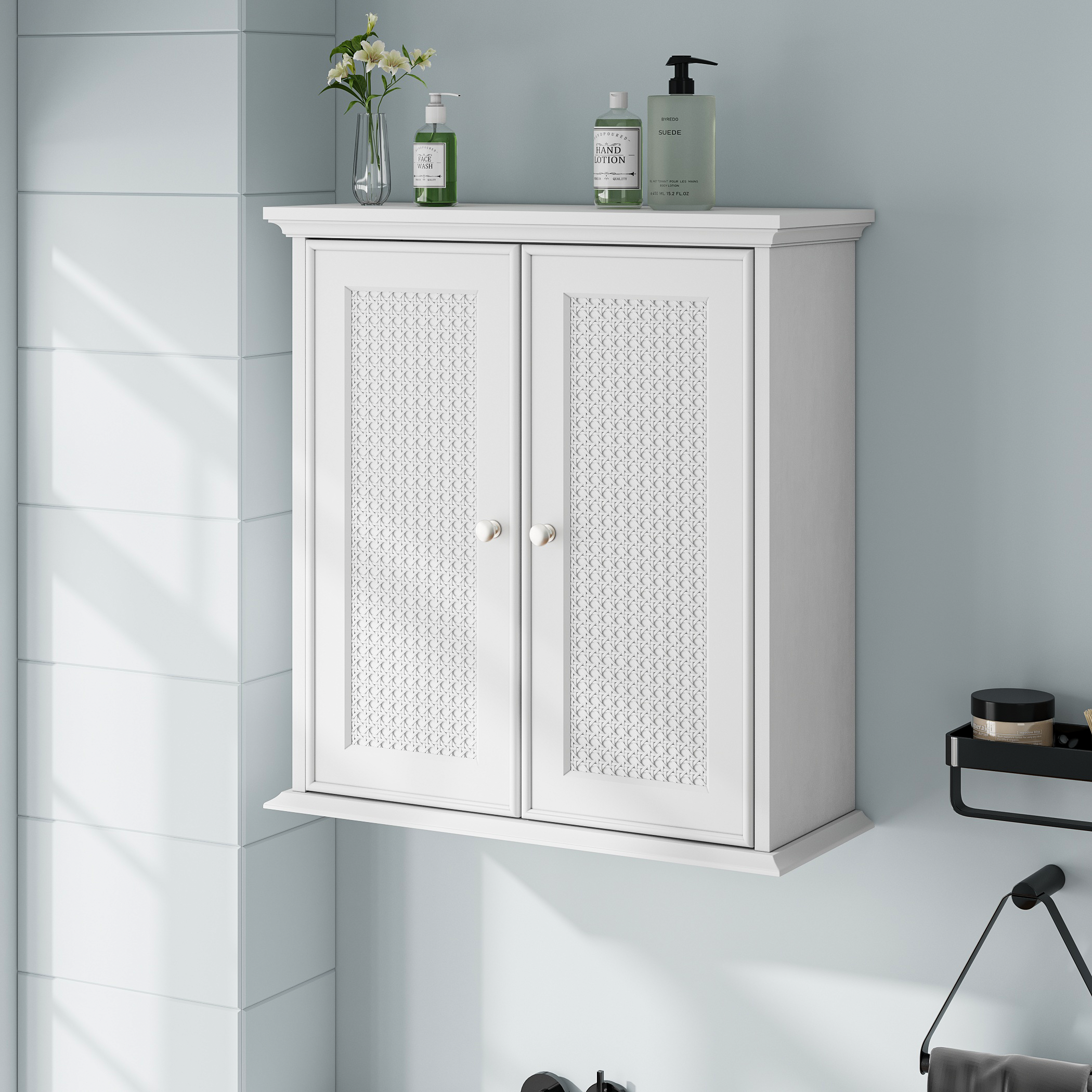 Bathroom Cabinet, Wall-Mounted with Basket Doors & Adjustable Shelves, White