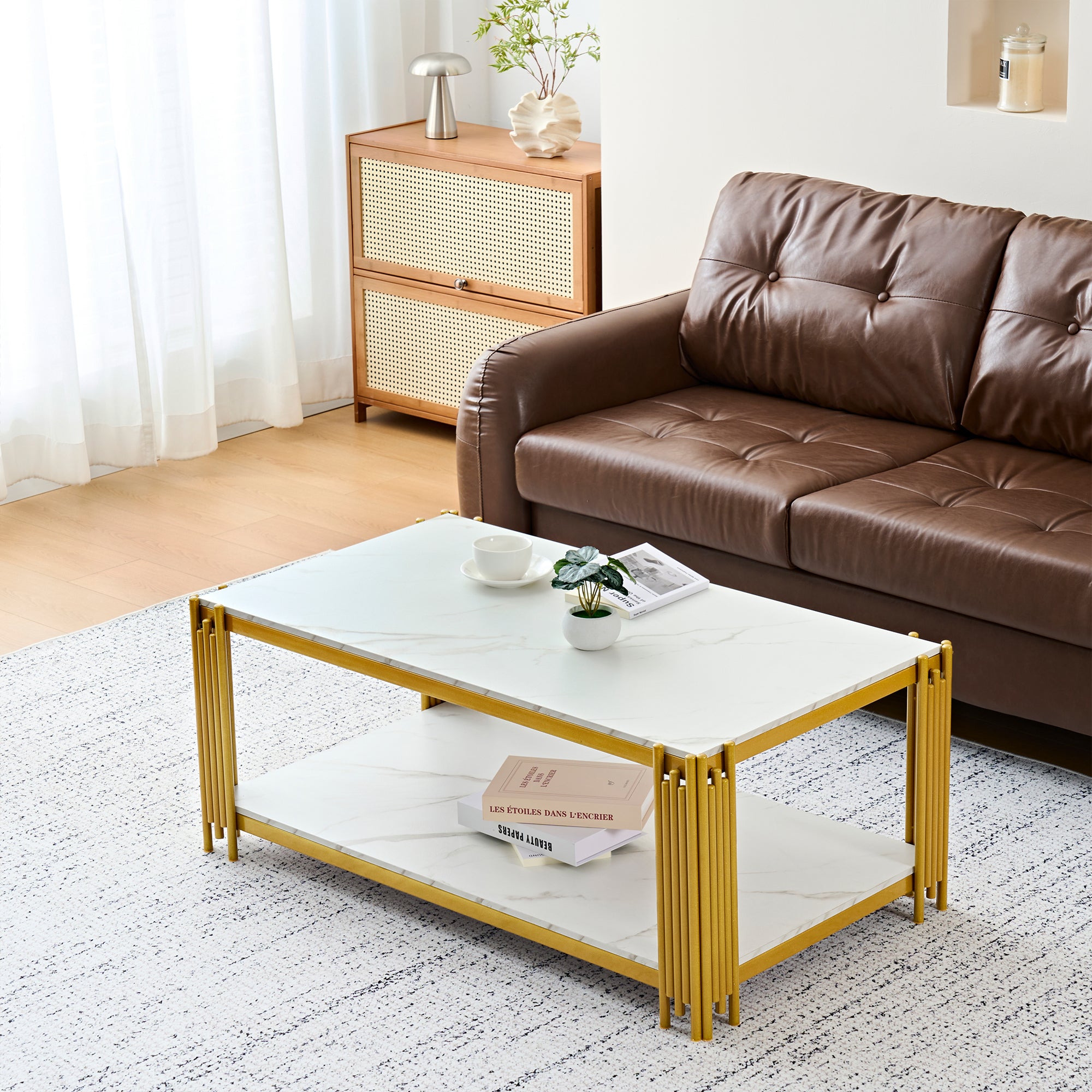 Coffee Table Rectangular Marble Effect Metal Legs - White/Gold