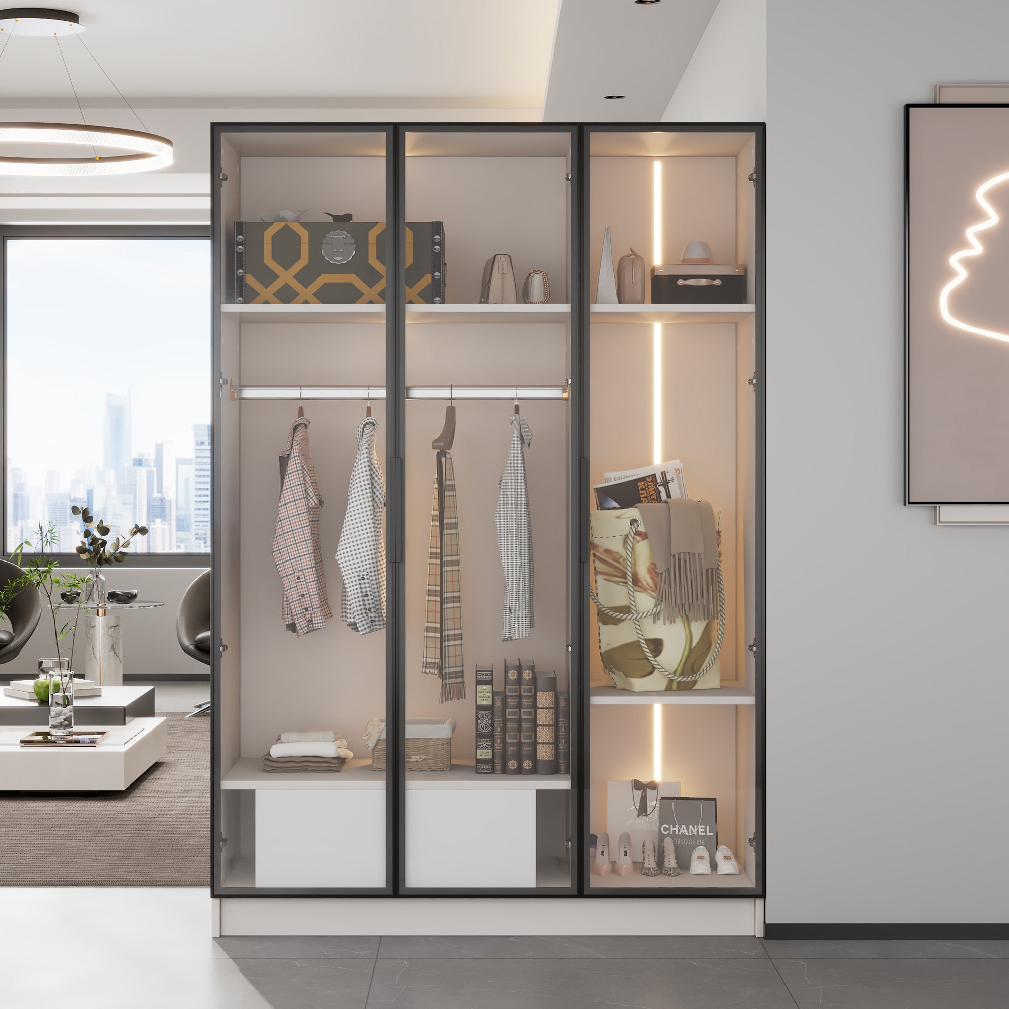 Wardrobe, 3 Glass Doors, 1 Drawer, 1 Clothes Rail, 110x50x160 cm, White with LED Light