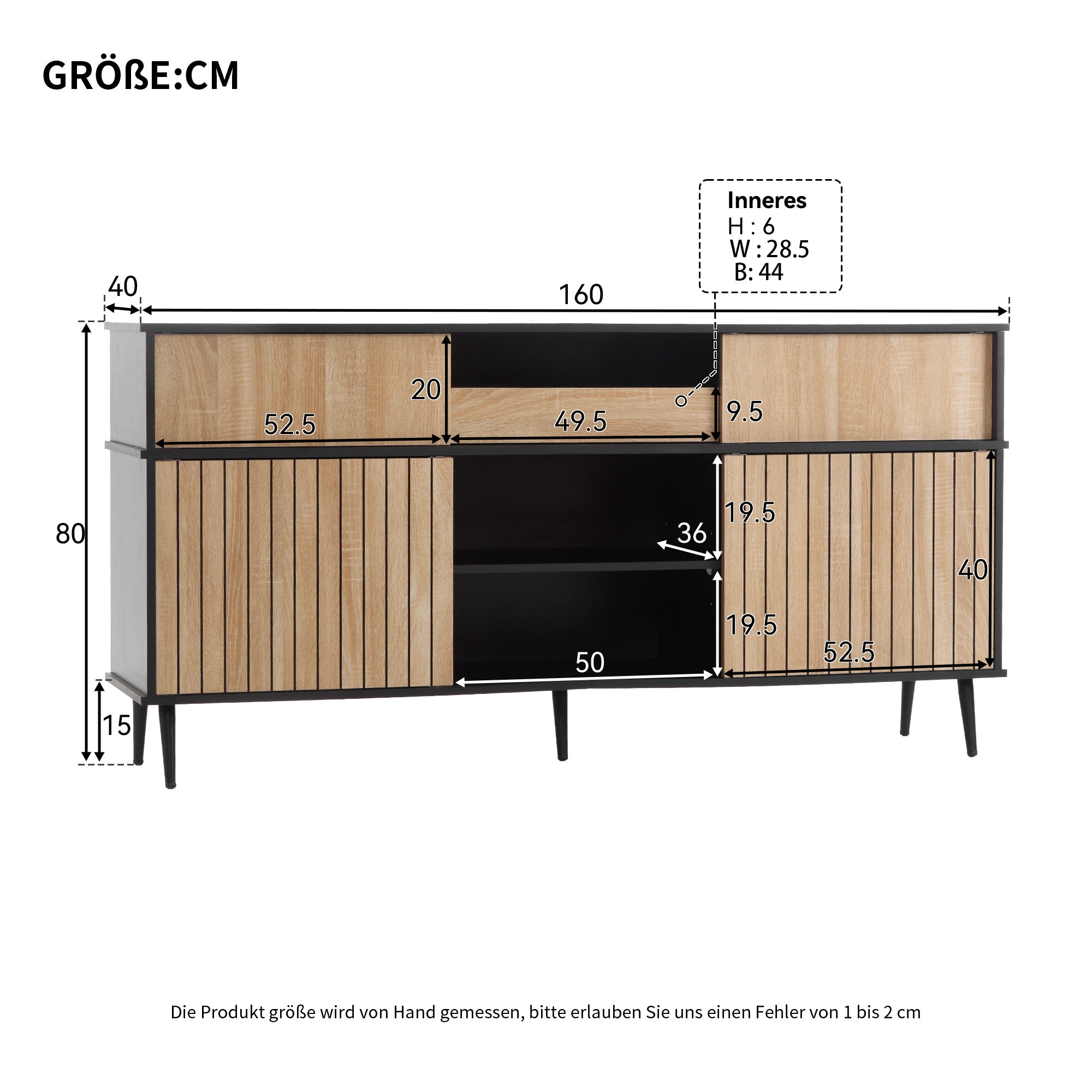 Chest of drawers with 4 sliding doors and 1 drawer, oak and black, 160W x 40D x 80H