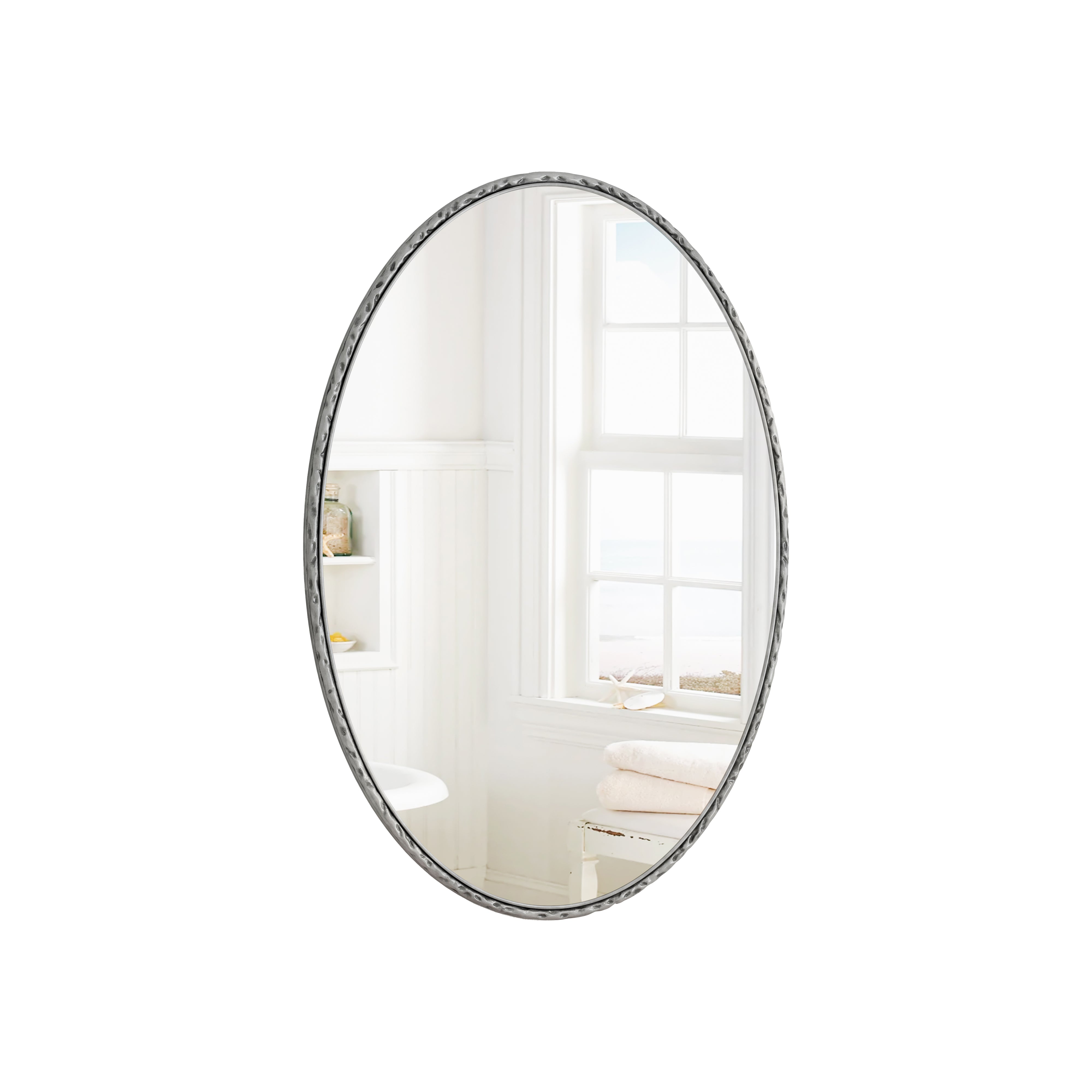 Iron Art Oval Mirror, Wall Hanging, Antique Effect, Silver