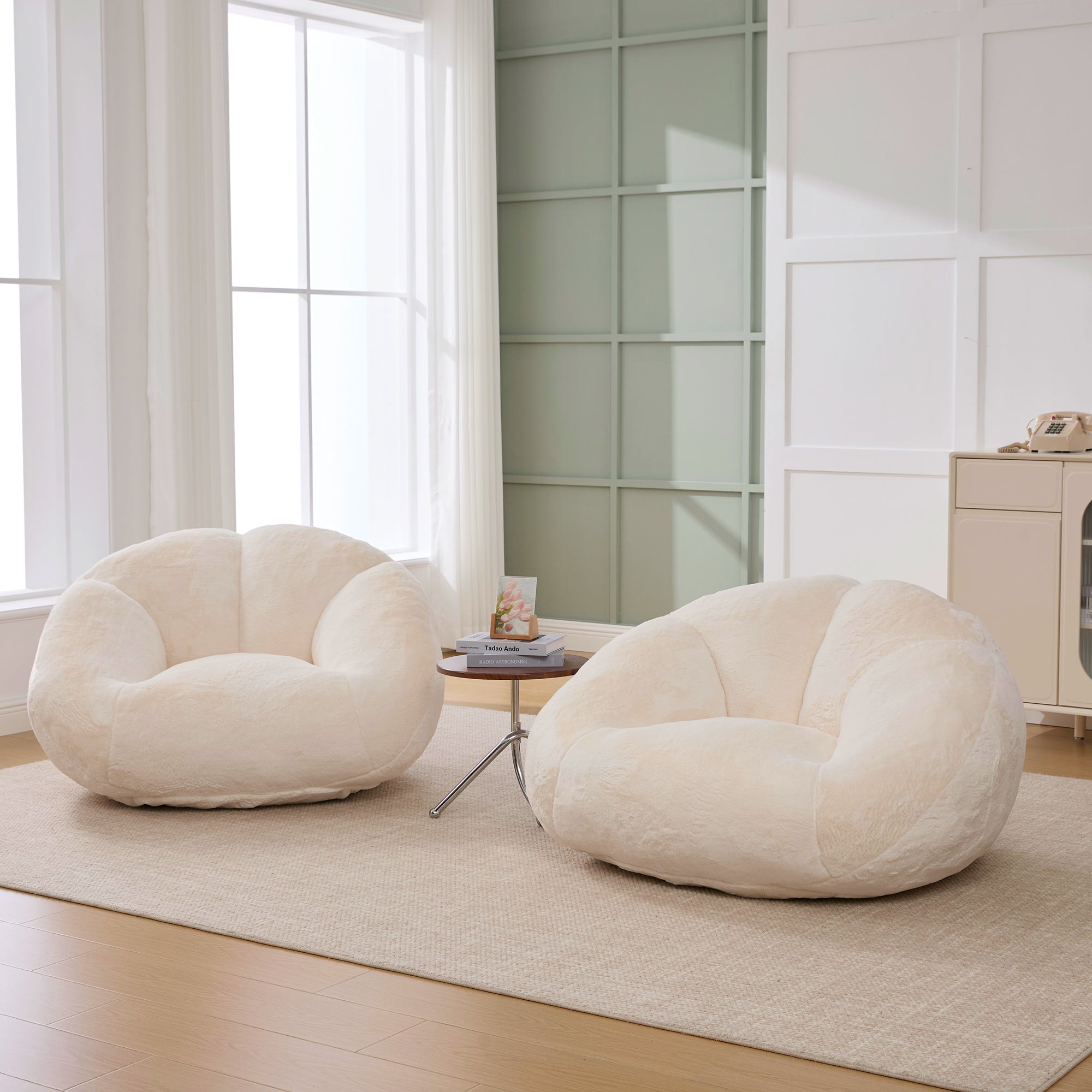 Soft Plush Beanbag Sofa with Non-Slip Base and Memory Foam, White Artificial Rabbit Fur