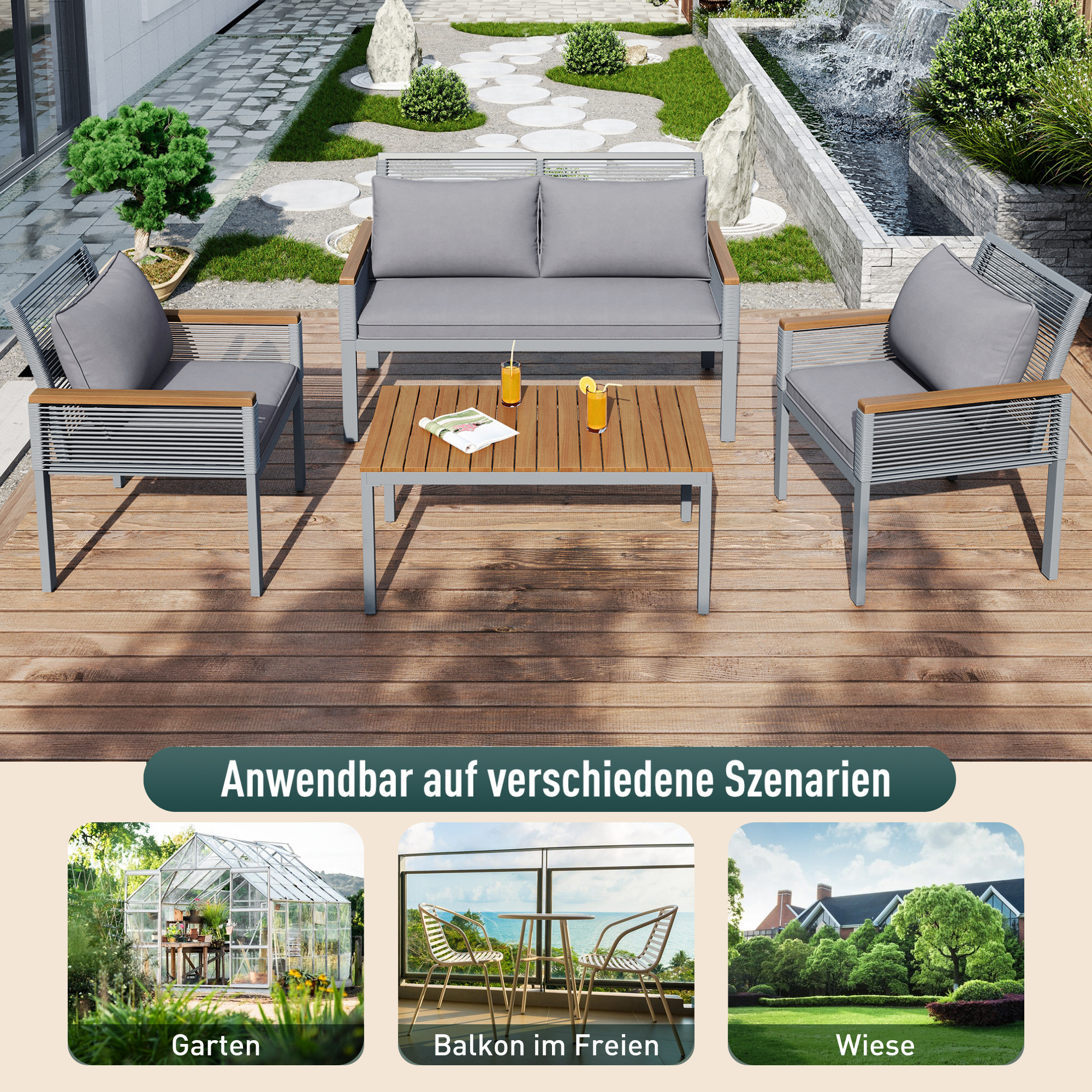 Garden Lounge Set with Double Sofa and 2 Armchairs, Grey Rattan