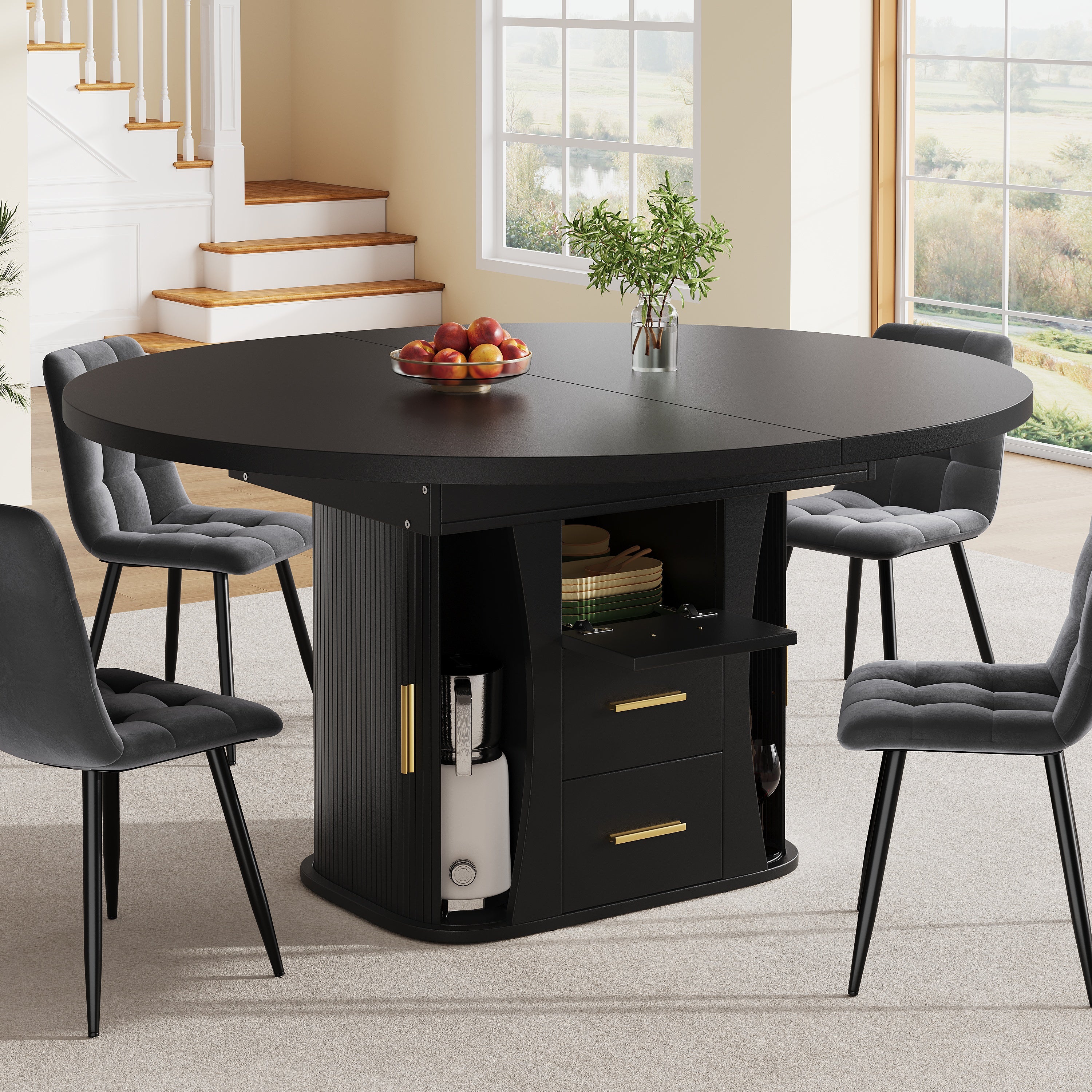 Extendable Round Dining Table, Seats 6 People with Three-tier Storage, Black