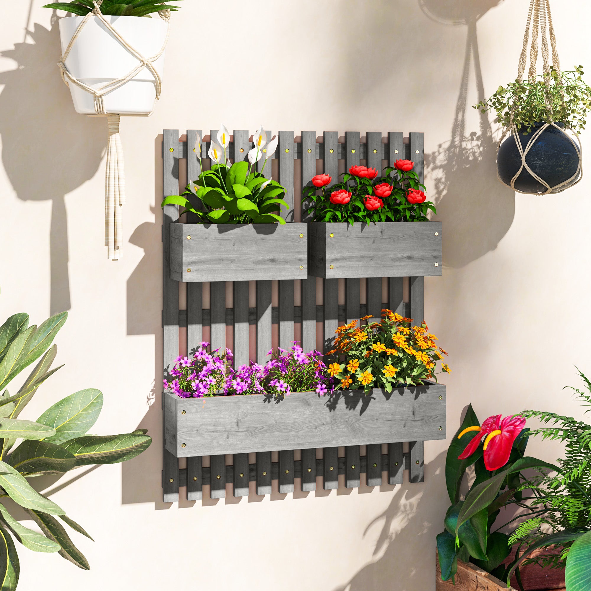 Garden Planters Wall-mounted Trellis 3 Boxes Wooden Grey