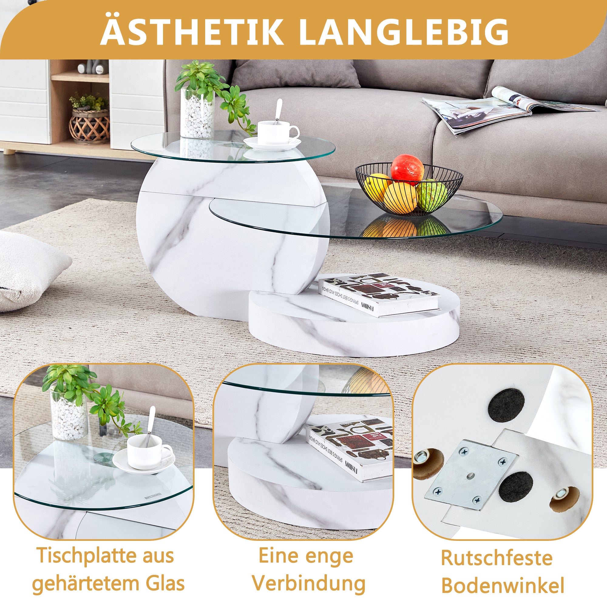 Modern Coffee Table Double-Layered Safety Glass Multi-Tiered White Marble Effect MDF