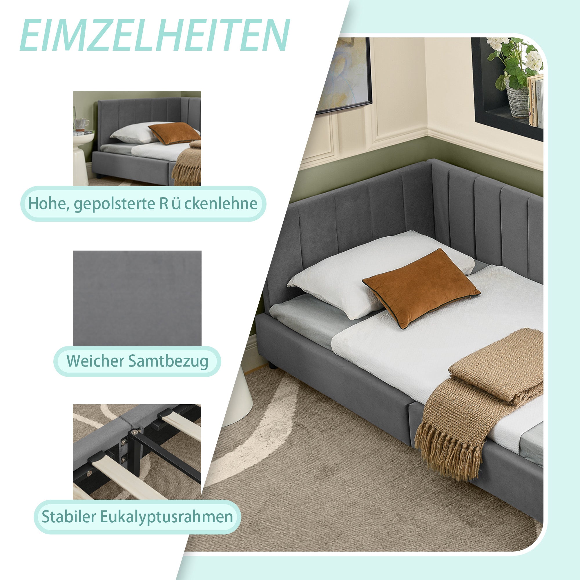 Single Bed 90x200cm High Backrest for Kids & Guest Rooms, Dark Grey Velvet