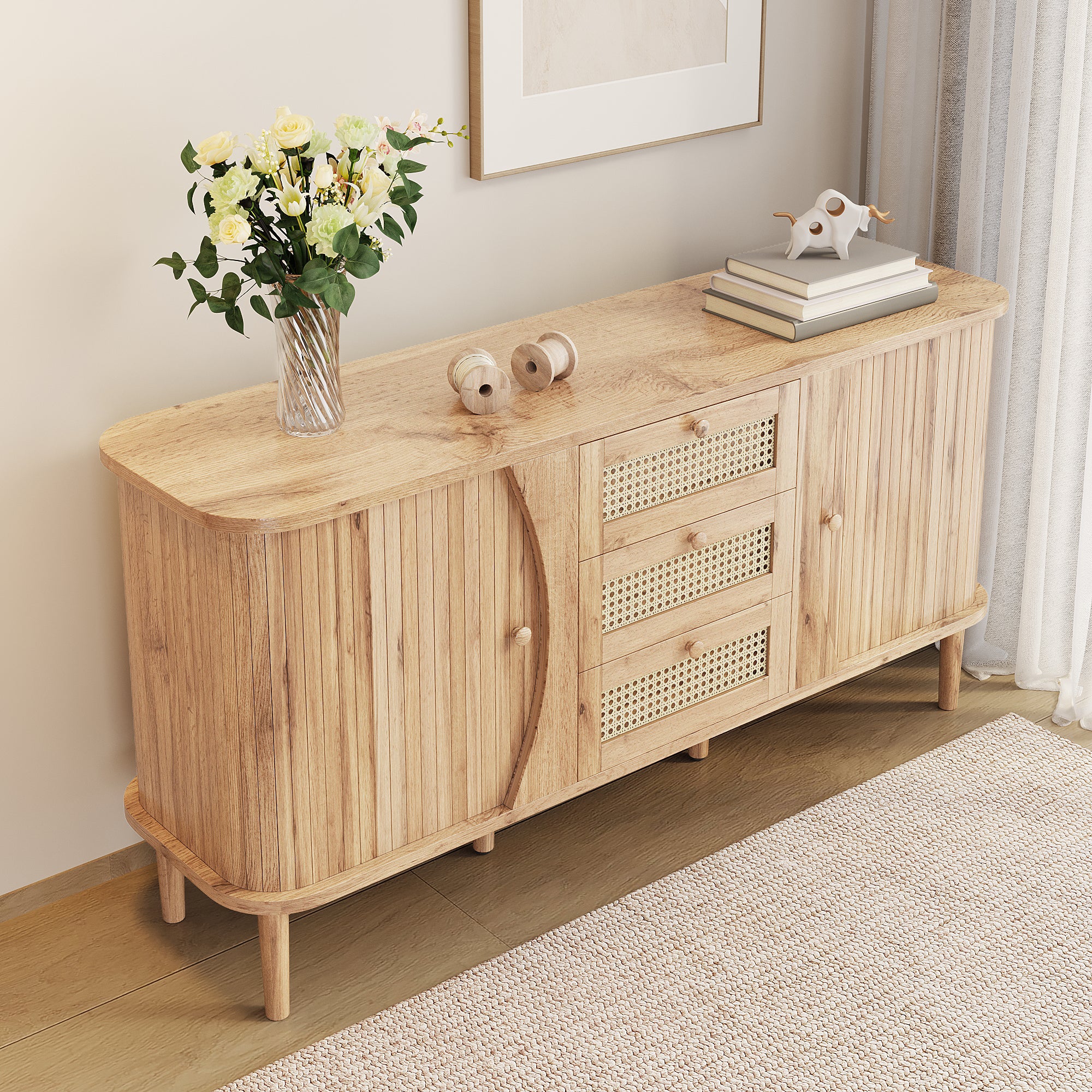 Sideboard Rattan Sliding Door Chest, Adjustable Shelves Rounded Top