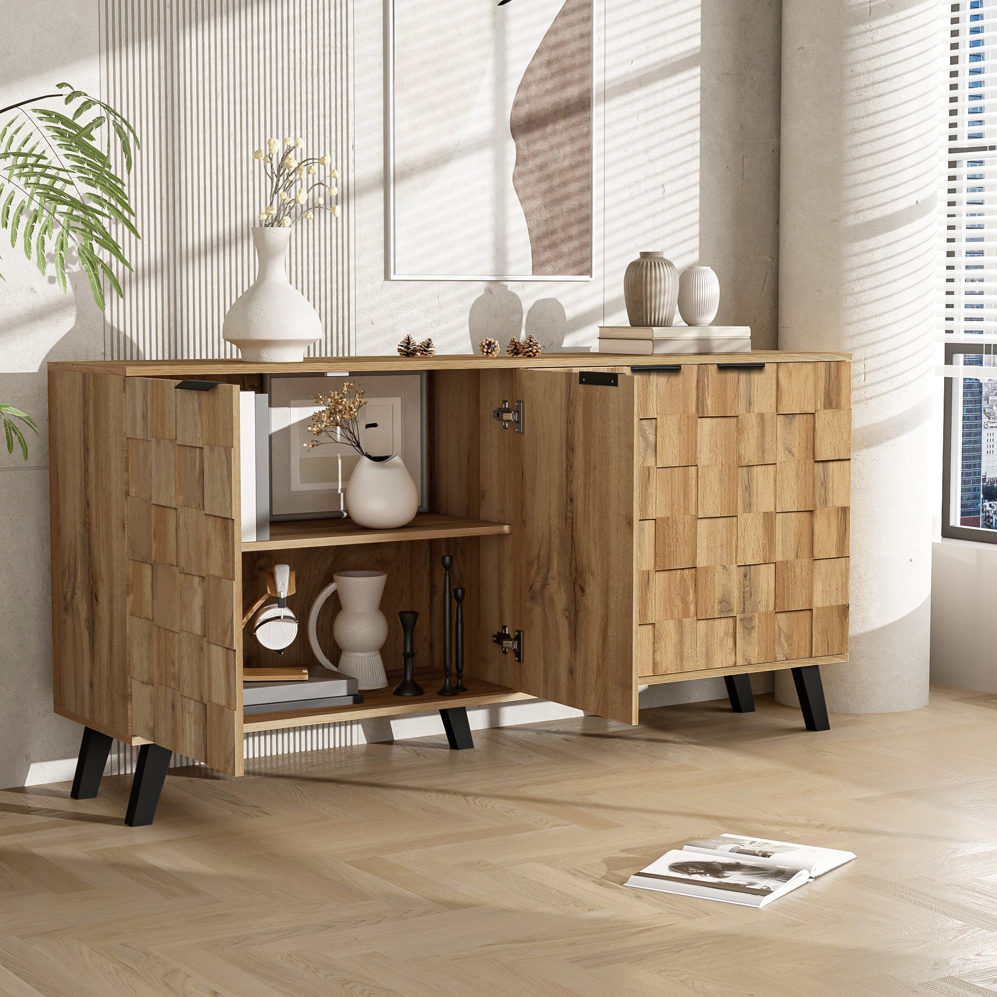 Sideboard, 4 Doors Storage, Wood Color