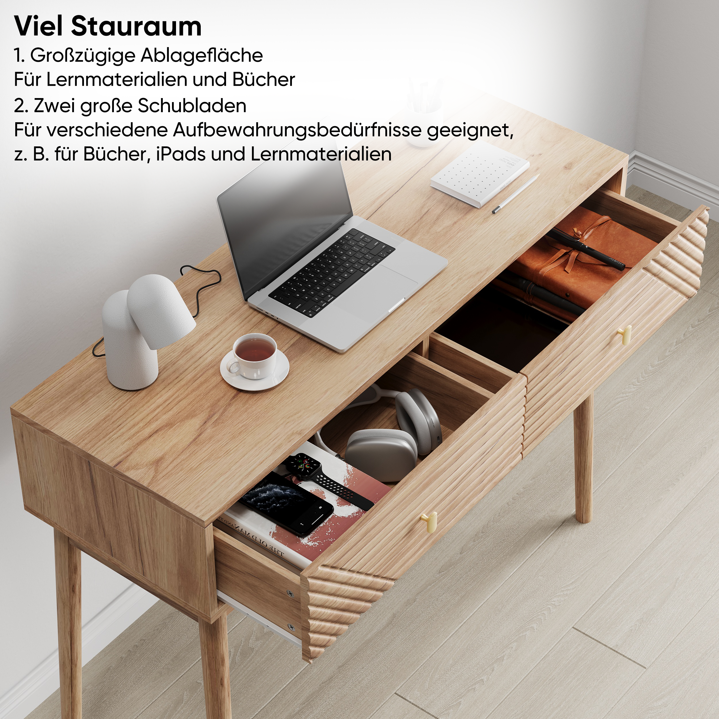 Mid-Century Modern Console Table with Drawers and Open Shelves, Oak Color