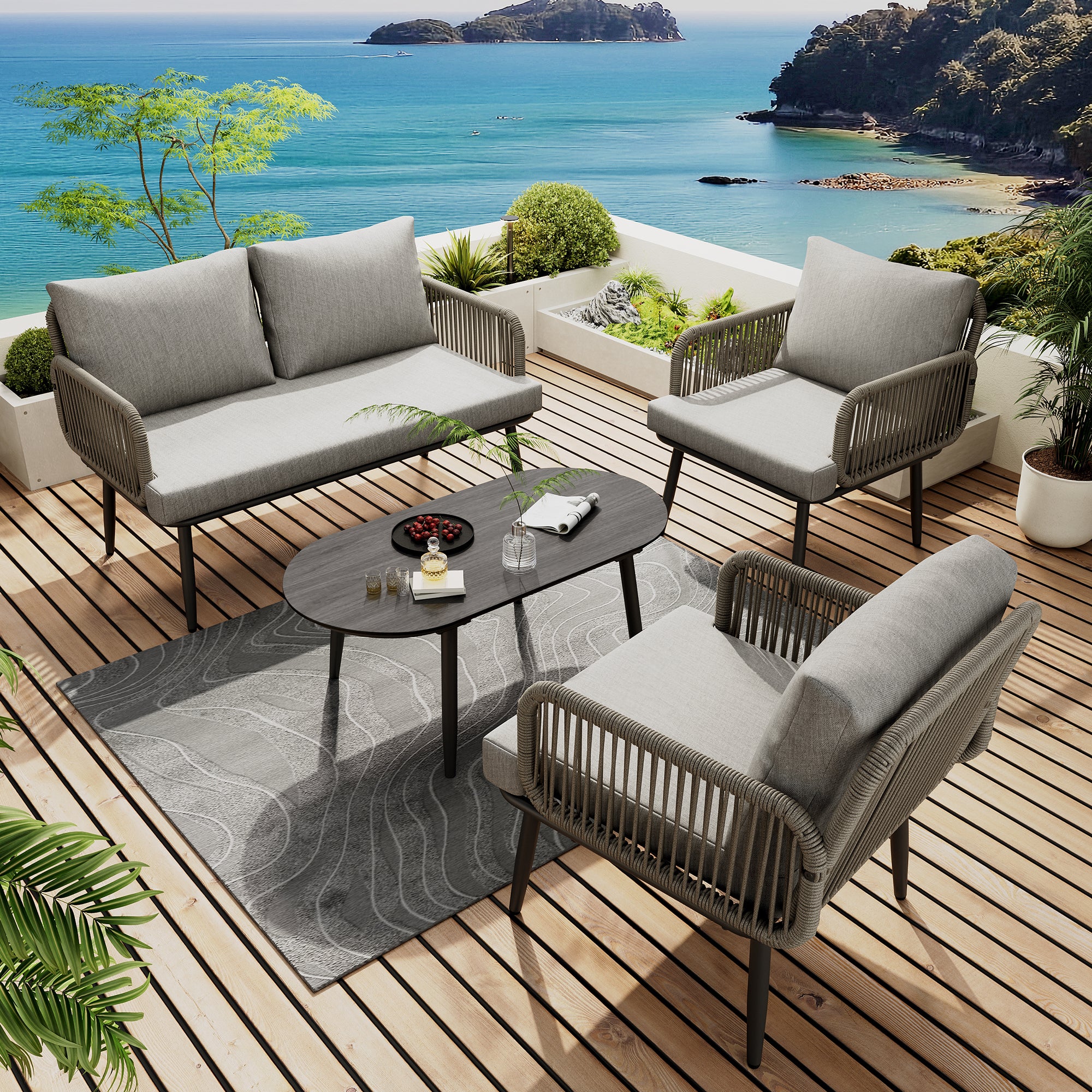 Garden Furniture Set with Sofa, Armchairs, and Coffee Table, Grey Steel and Rope