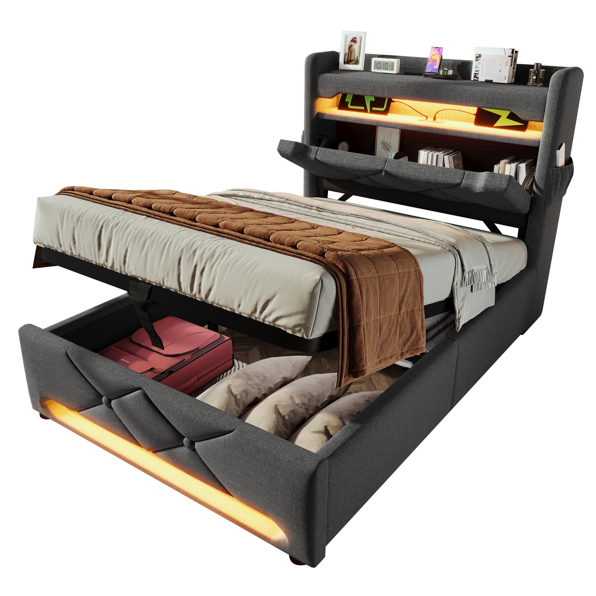 Upholstered Single Bed, 90x200, USB & Type-C Port, 360 LED, Hydraulic Storage, Gray Linen