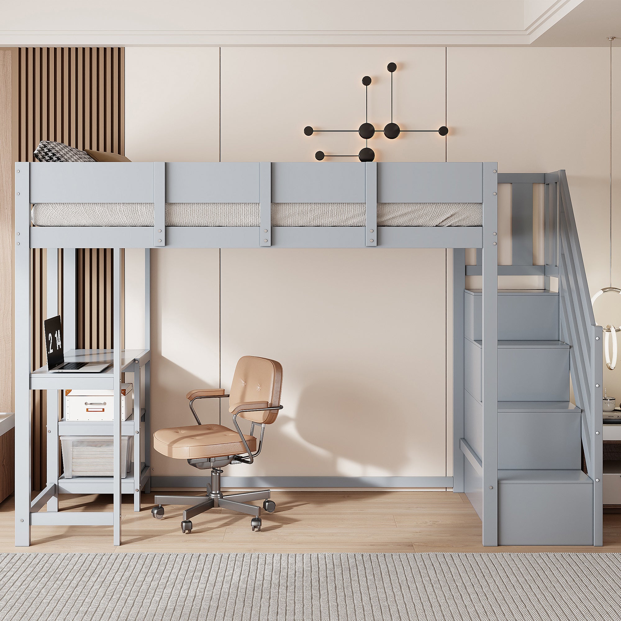 Bunk Bed, Multifunctional Loft with Storage & Shelf, Solid Pine Wood, Grey