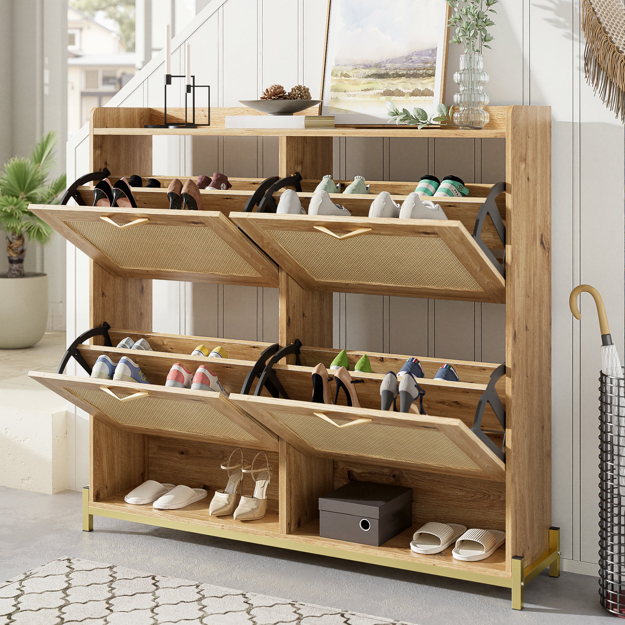 Elegant Shoe Cabinet 4 Doors Metal Frame Top Shelf Wooden Rattan