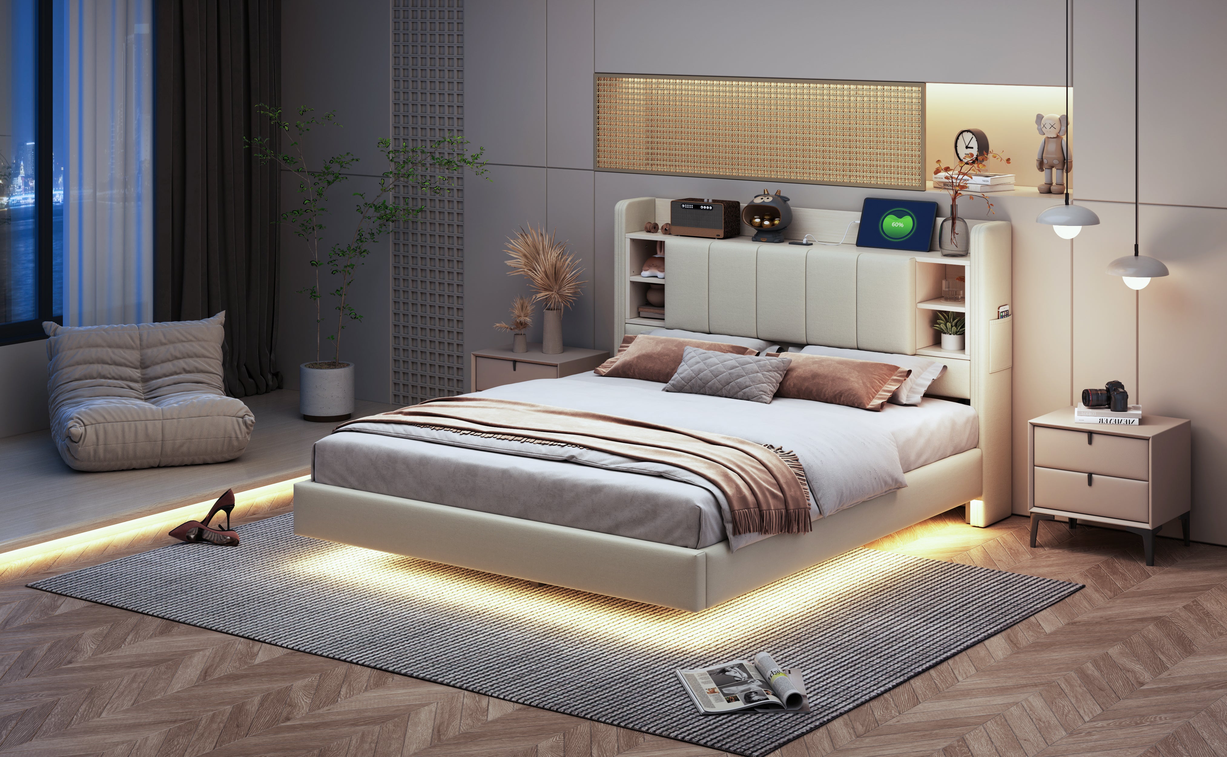 Upholstered Bed 140 x 200 cm, USB, Light Strip, Reversible Headboard, Storage, Metal Frame, Linen Fabric, Beige