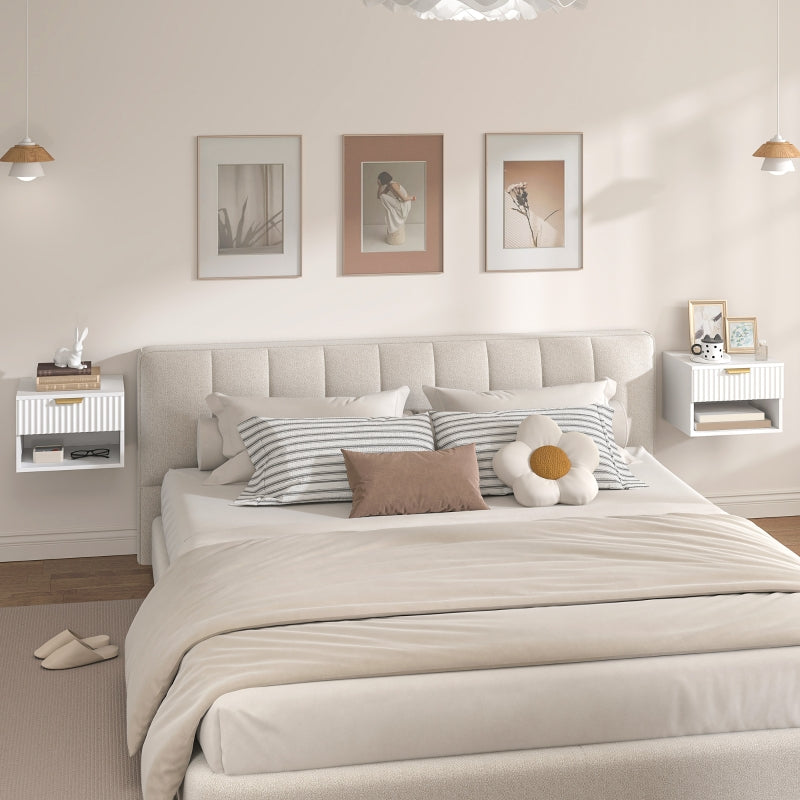 Floating Nightstands Set of 2, Wall Mounted Bedside Tables with Fluted Drawer and Open Shelf, White