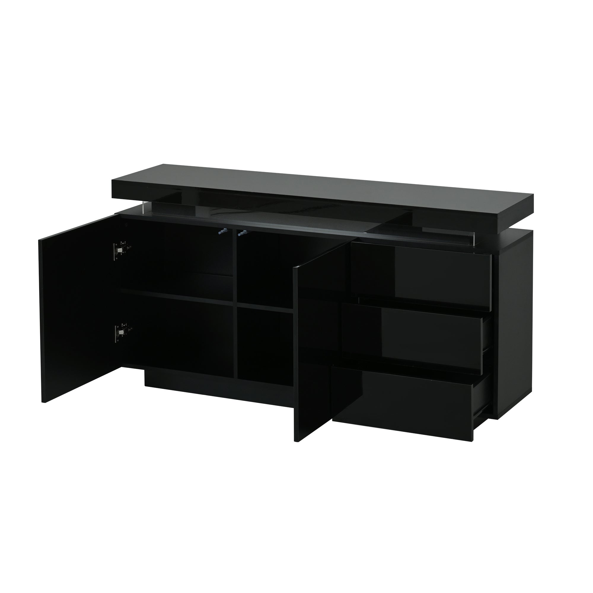 Modern Sideboard Cabinet High-Gloss LED Handleless 2 Doors 3 Drawers 140cm - Black