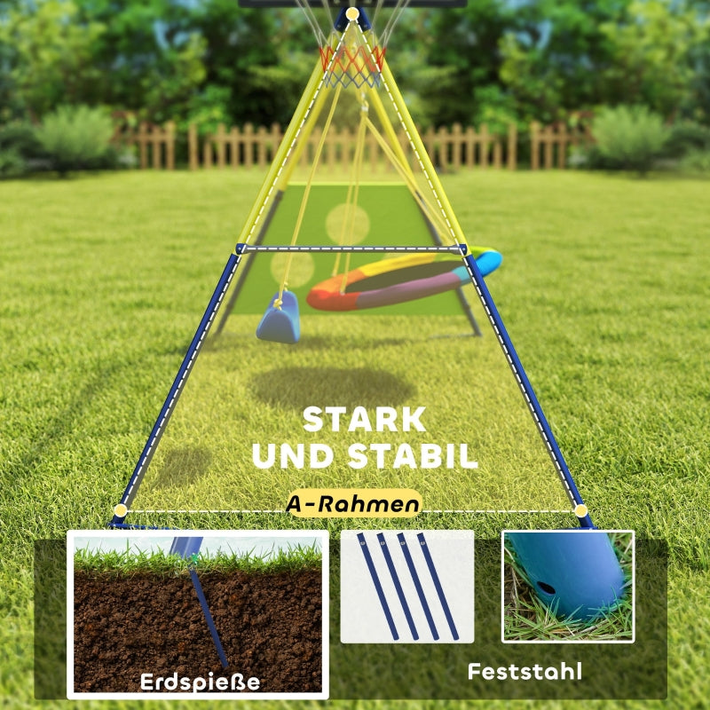 4-in-1 Swing Set with Nest Swing, Basketball Hoop and Football Goal, Metal