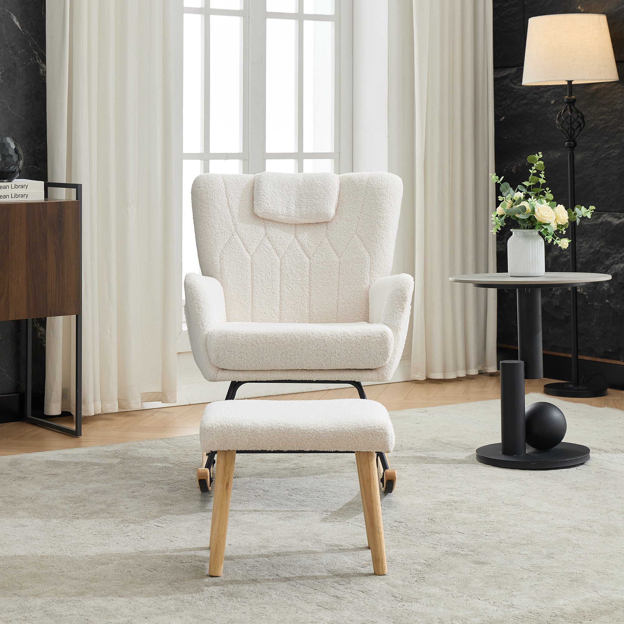 Ergonomic Rocking Chair with Footstool, High Backrest, 30-degree Rock, White Rubberwood