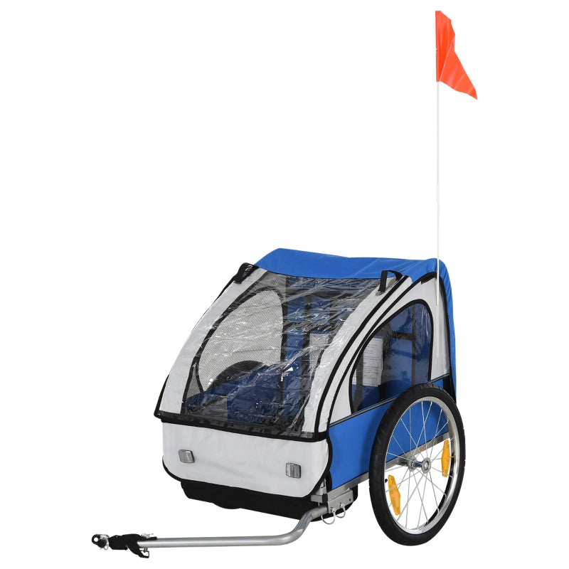 2 Seat Bike Trailer for Kids, Steel Frame Safety Harness, Blue White