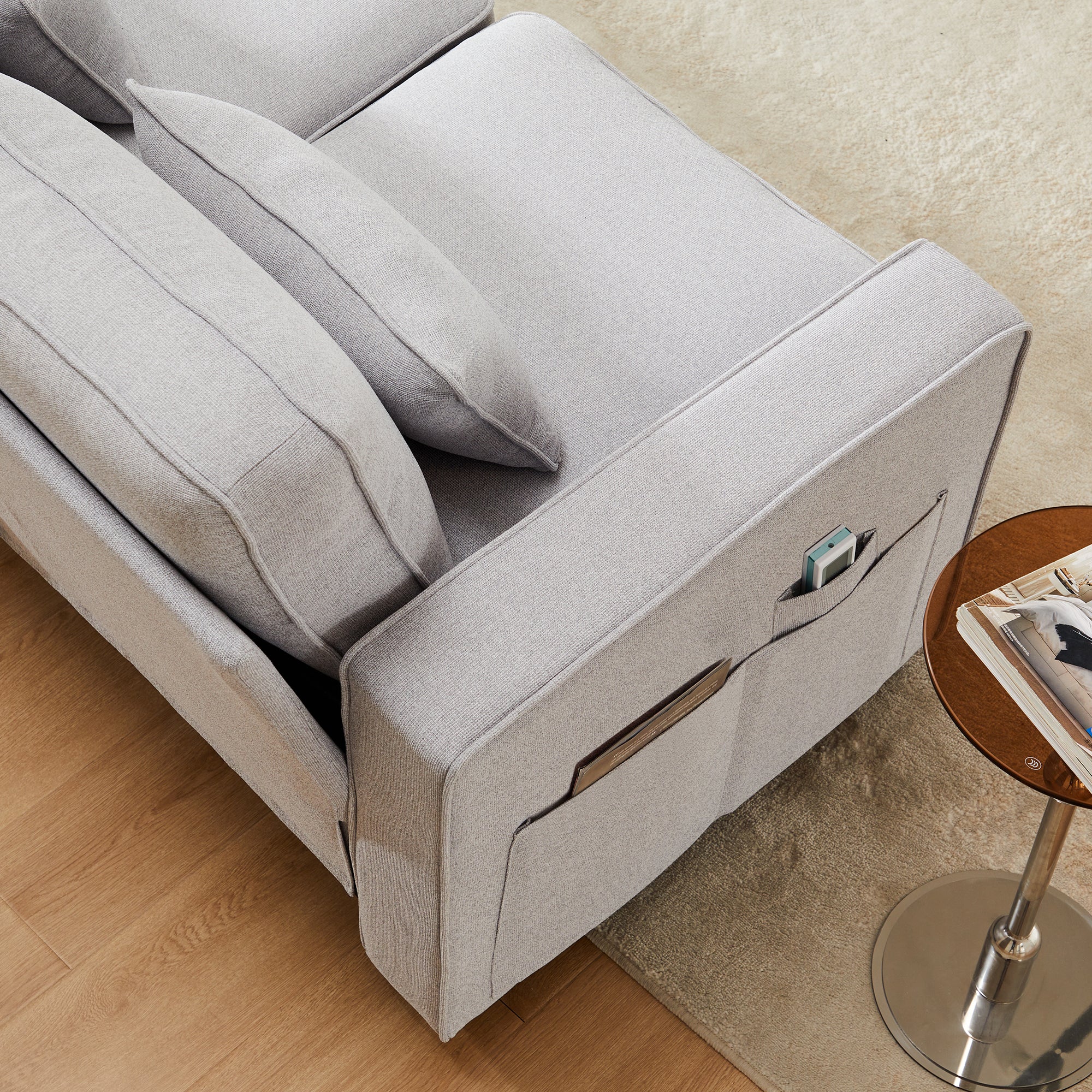 Sofa, 4-Seater with Armrest Pockets & 4 Pillows, Linen Fabric