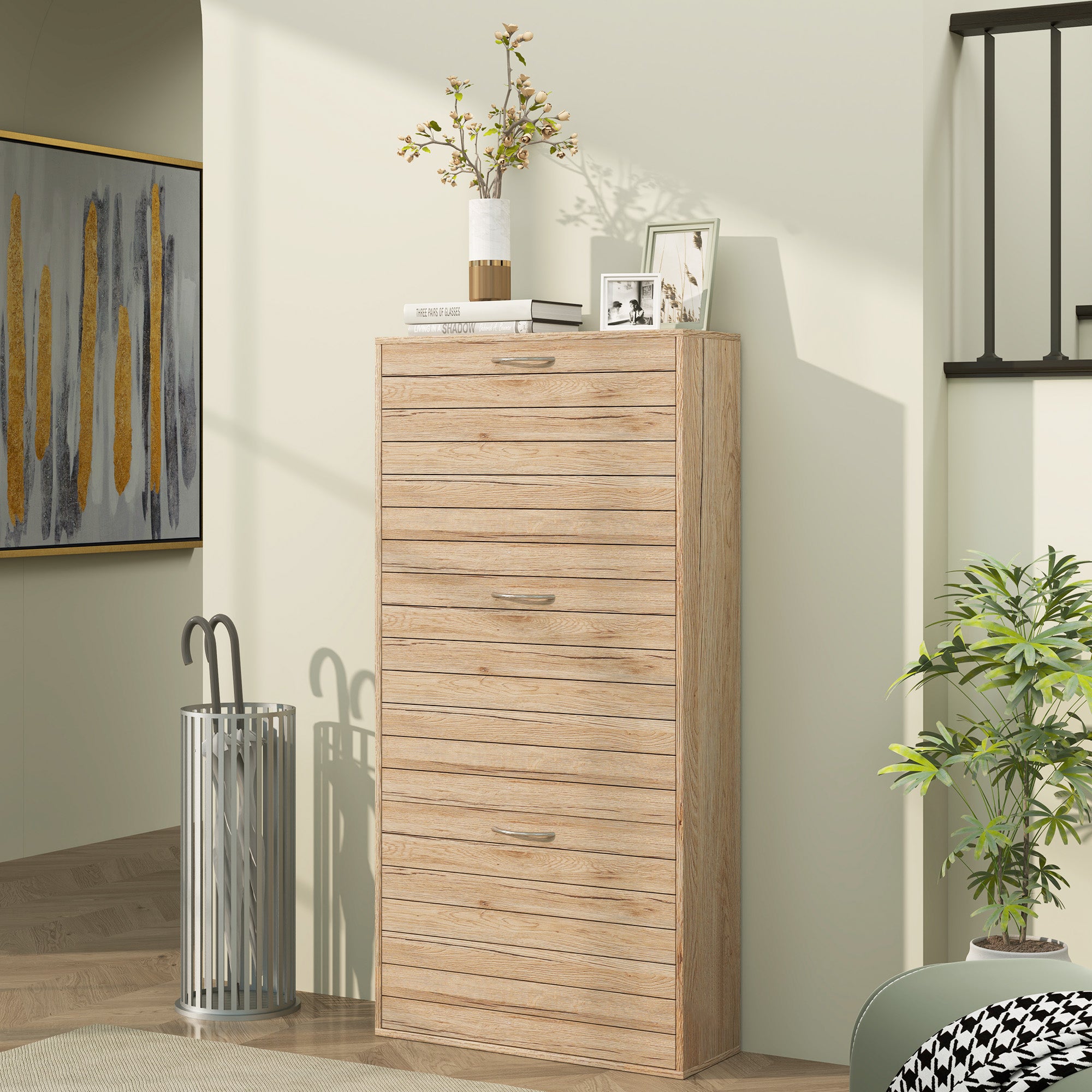 Shoe Storage Cabinet, 12-Pair Flip Drawer, Brown Wood-Effect