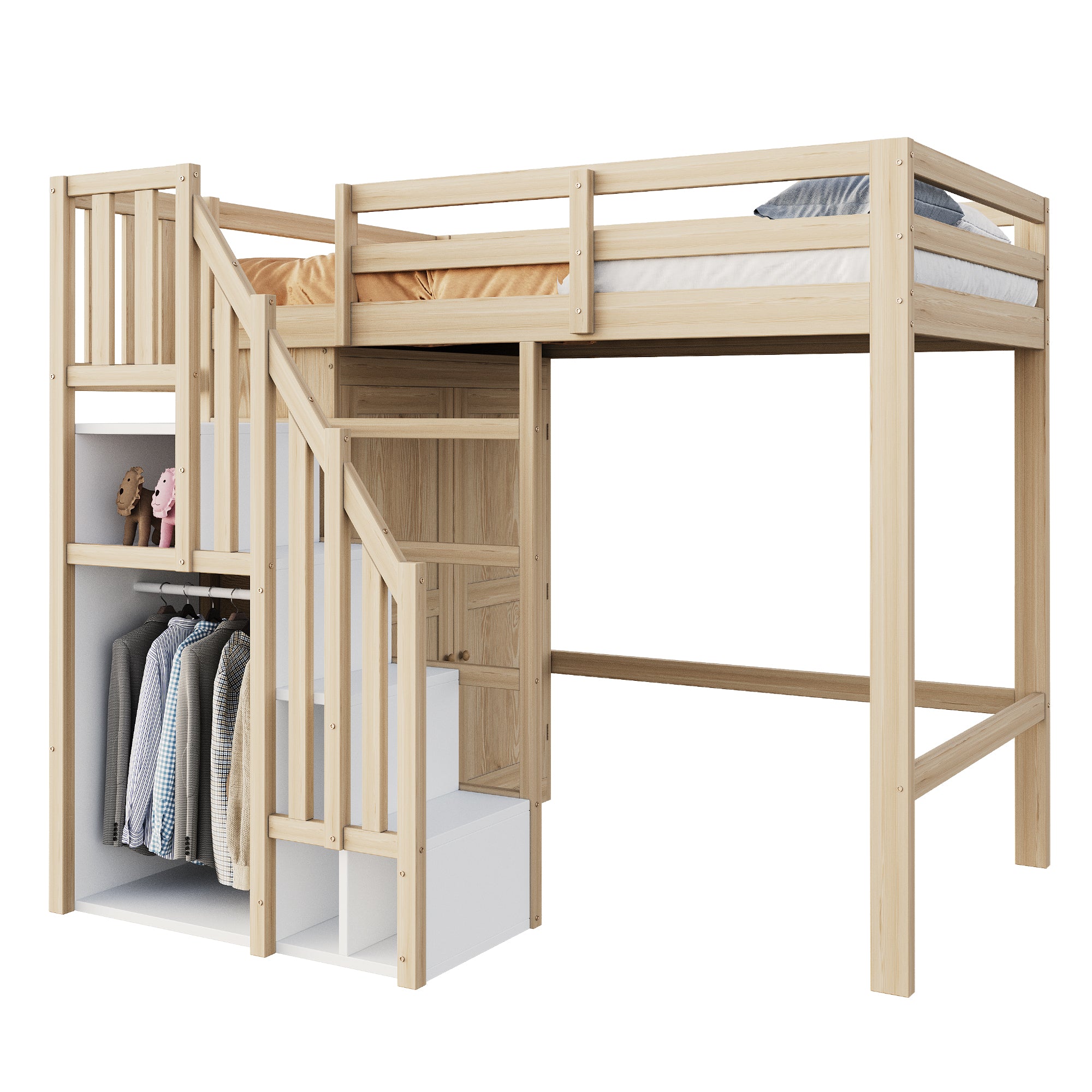 Loft Bed 90x200cm Storage Ladder Wardrobe Solid Wood - Natural Wood Color