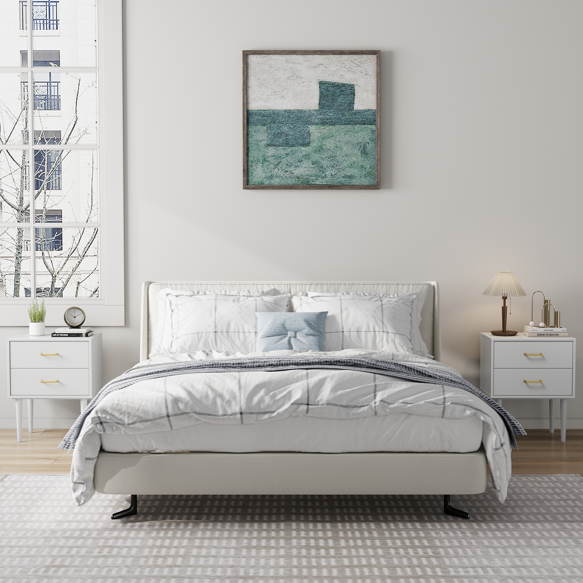 White bedside table with 2 drawers, bedroom nightstand, modern nightstand with wooden legs, 1 piece