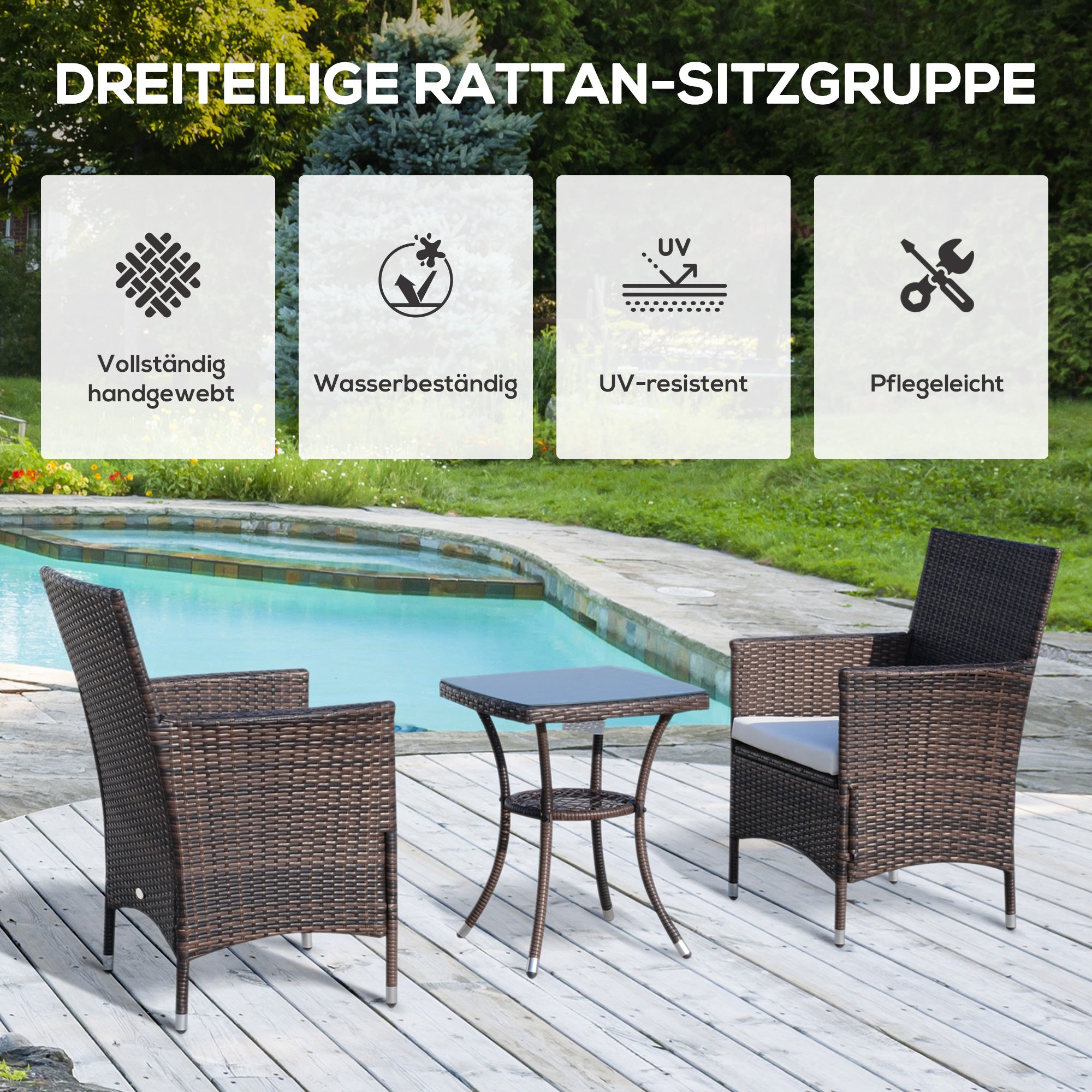 Balcony Furniture Set, Foldable Bistro with Cushions, Rattan Brown