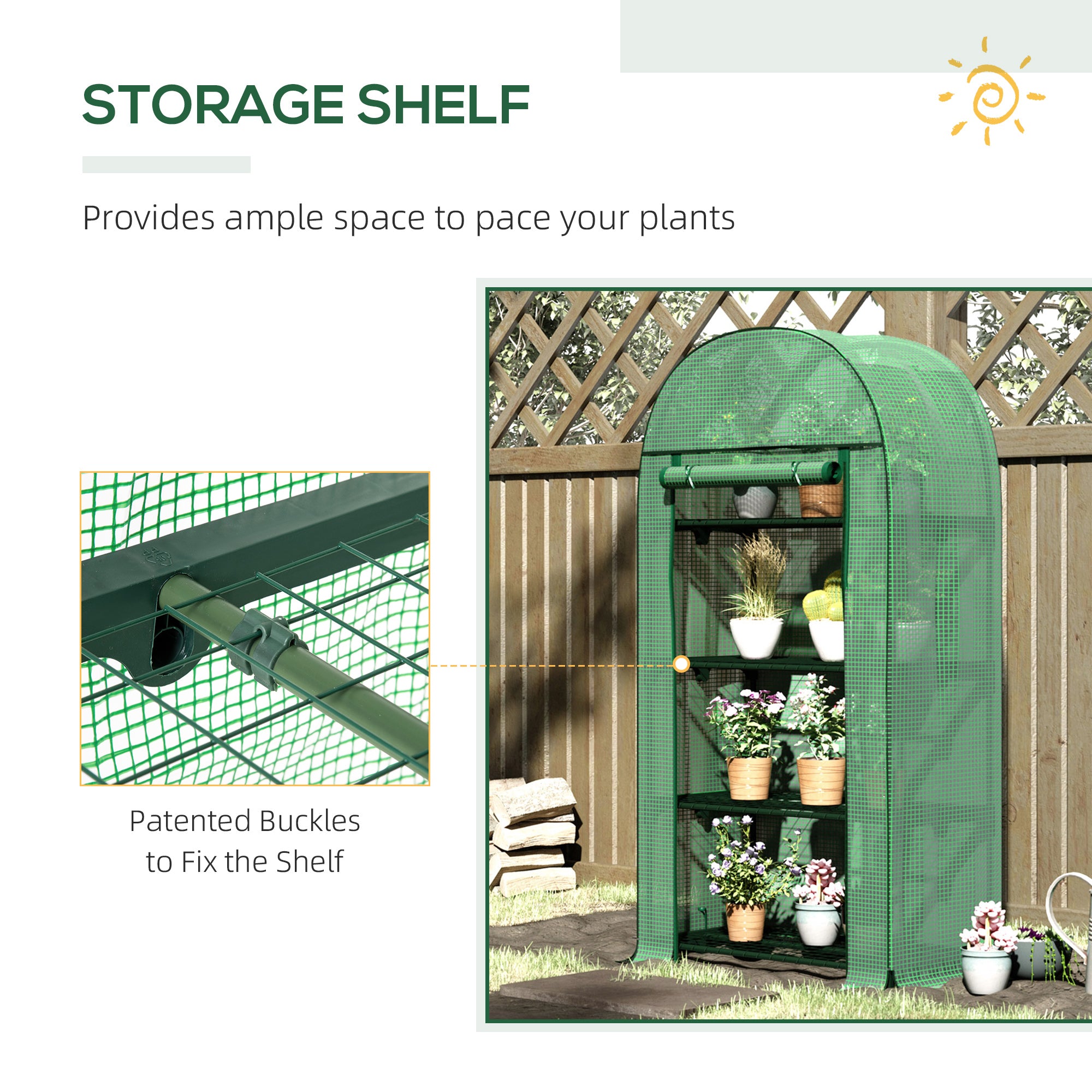4 Tier Mini Greenhouse, Portable with Storage Shelf and Roll-Up Zipped Door, Green PE Cover