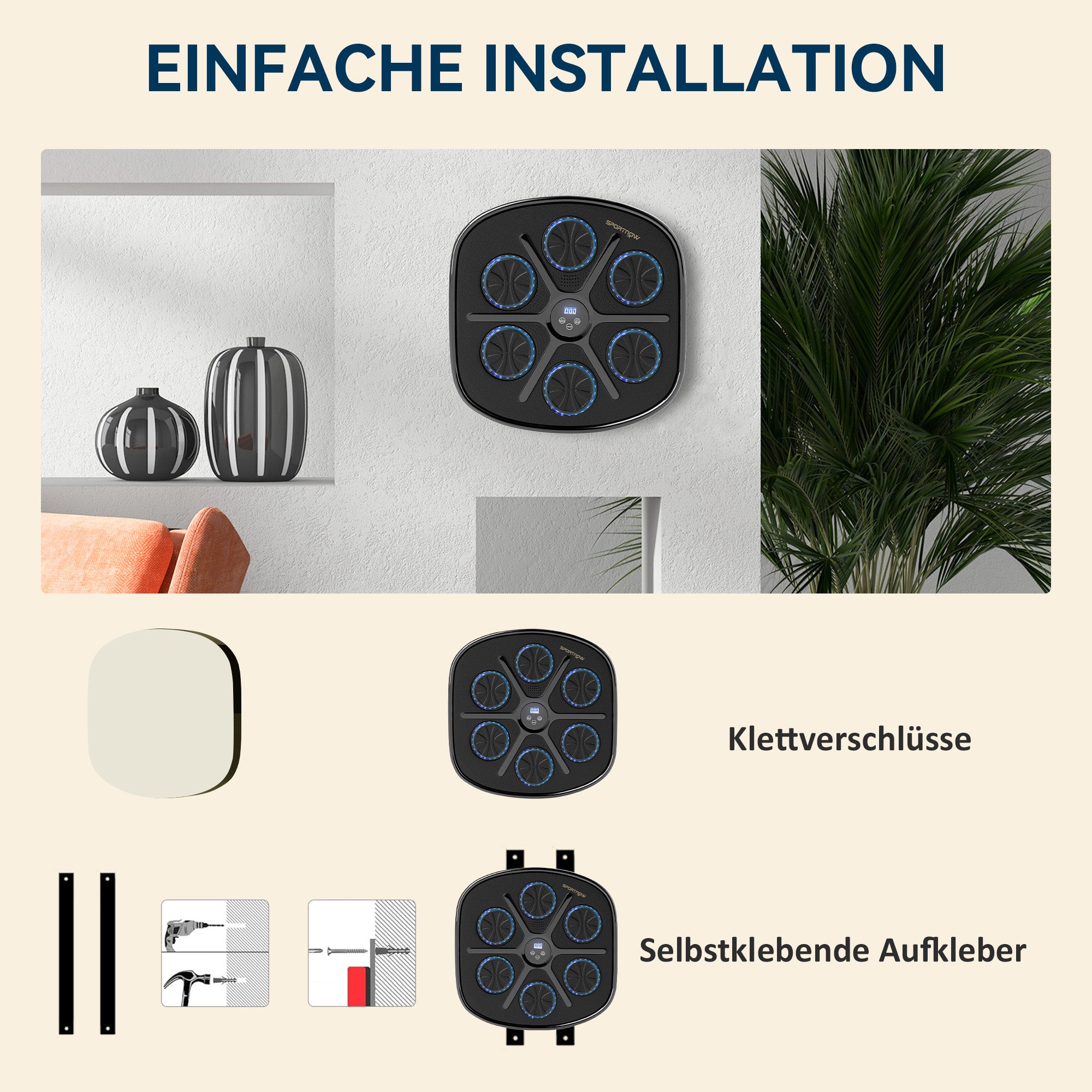 Music Boxing Machine, Electronic Bluetooth Wall-Mounted with LED Lights, Black