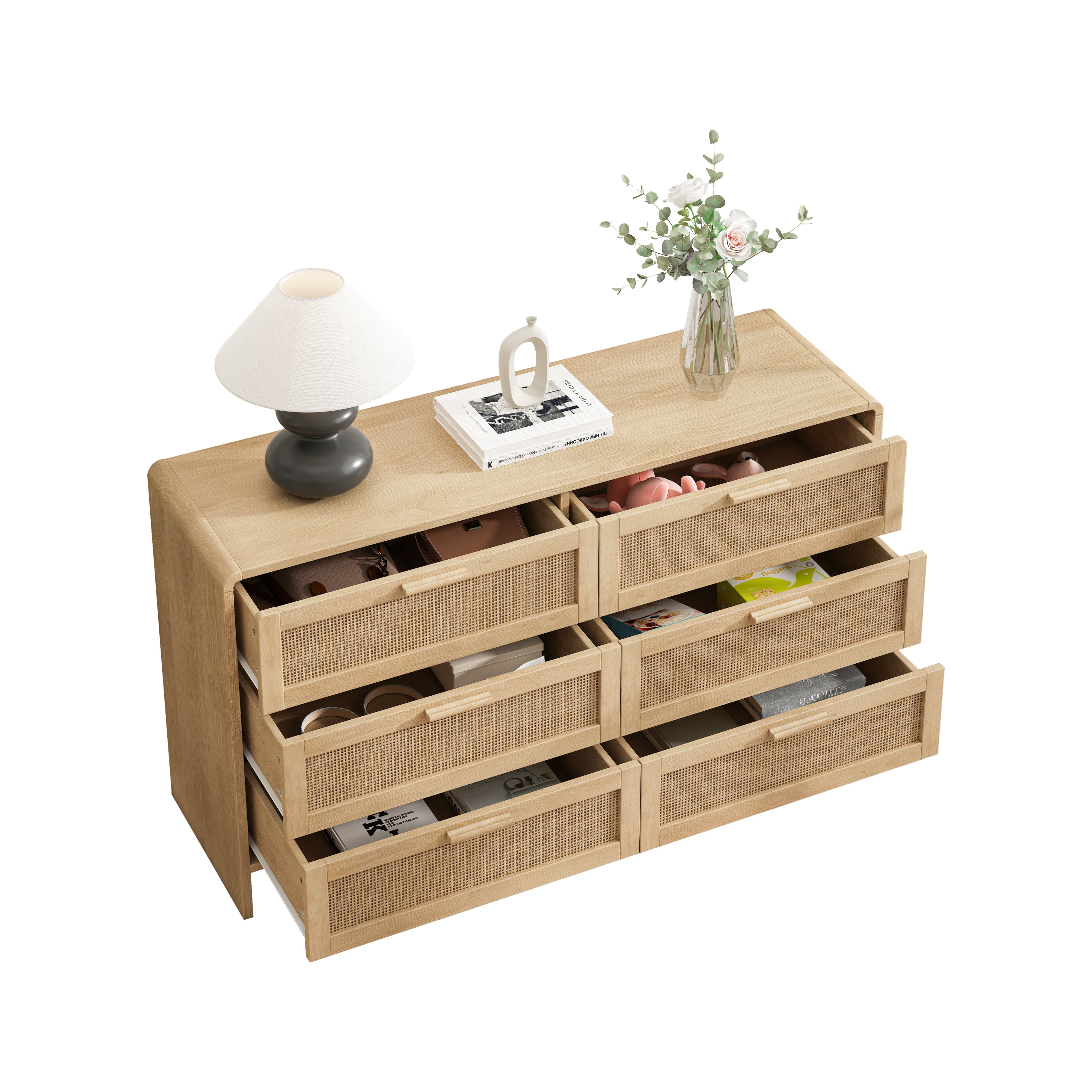 Arc Shaped Corner Cabinet, 6-Drawers Rattan Storage, Natural