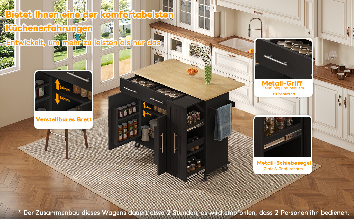 Kitchen Island Drop Leaf Rolling Cart 3-Tier Pull-Out 2 Drawers - Black