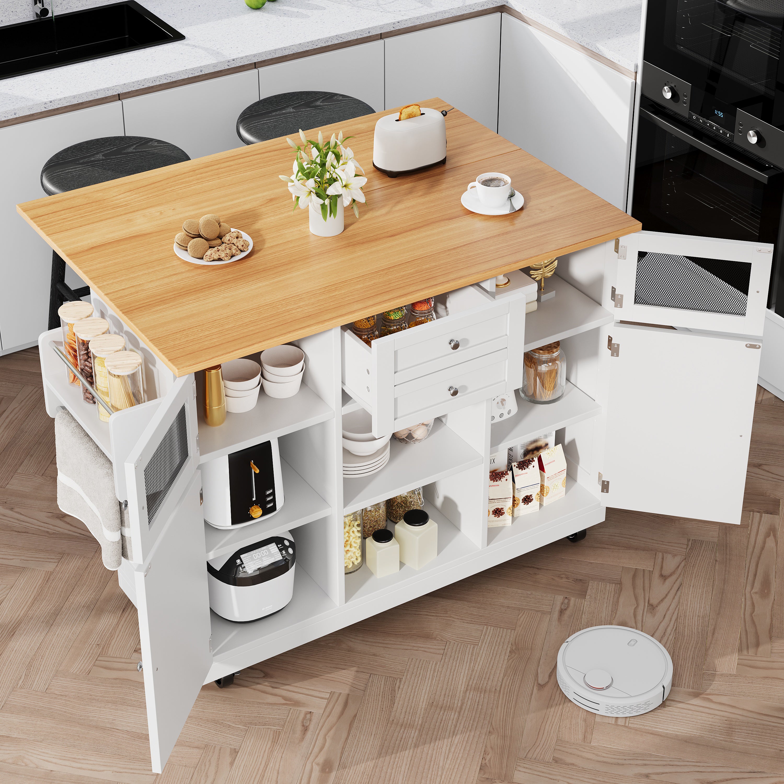 Kitchen Island Dining Trolley Sideboard Worktop Casters Adjustable Storage White