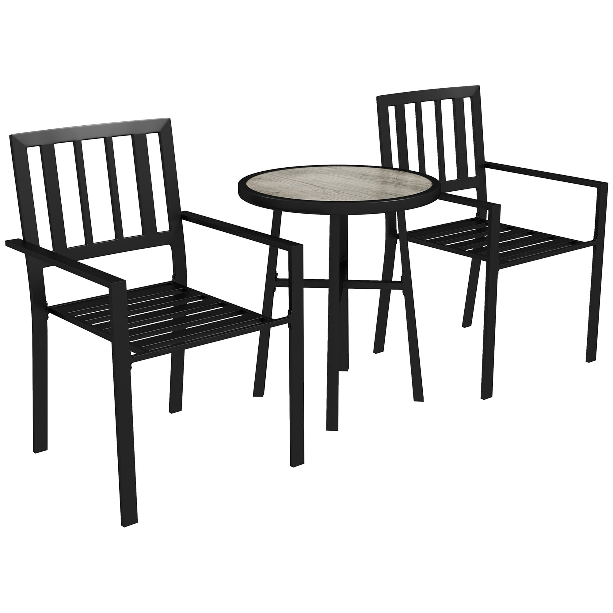3 Piece Patio Bistro Set, 2 Stackable Chairs, Plastic Top, Galvanised Steel Frame, Grey