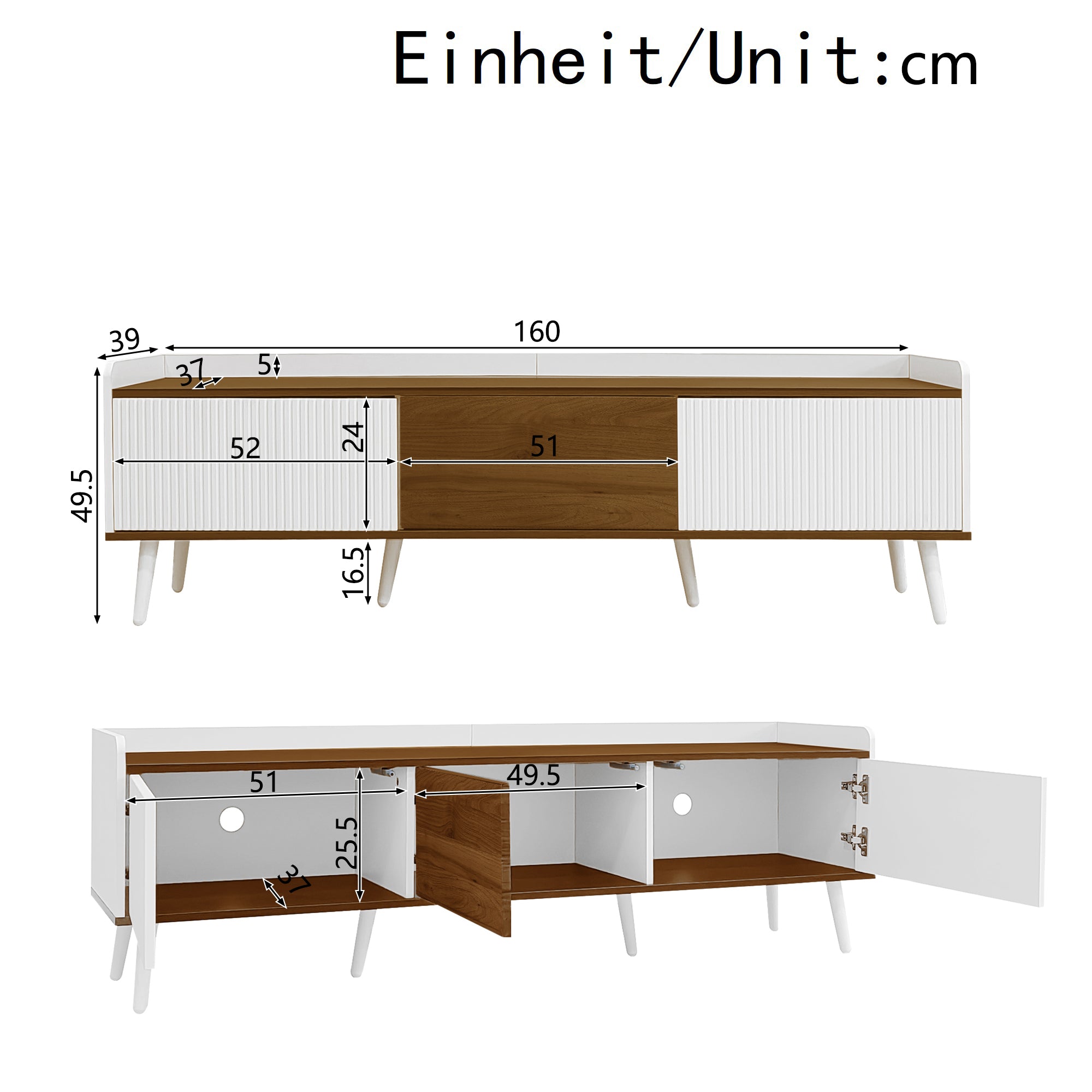 TV Cabinet Three-Door Compact Design, White and Natural Wood