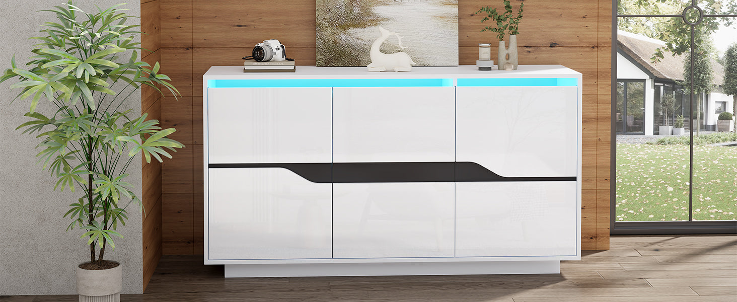Sideboard, Living Room 140x40x76cm with 3 Doors, Adjustable Dividers, LED, White & Black