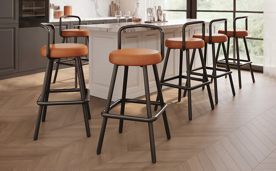 Modern Bar Stool Set of 6 with Ergonomic Backrest and Footrest, Brown PU Leather
