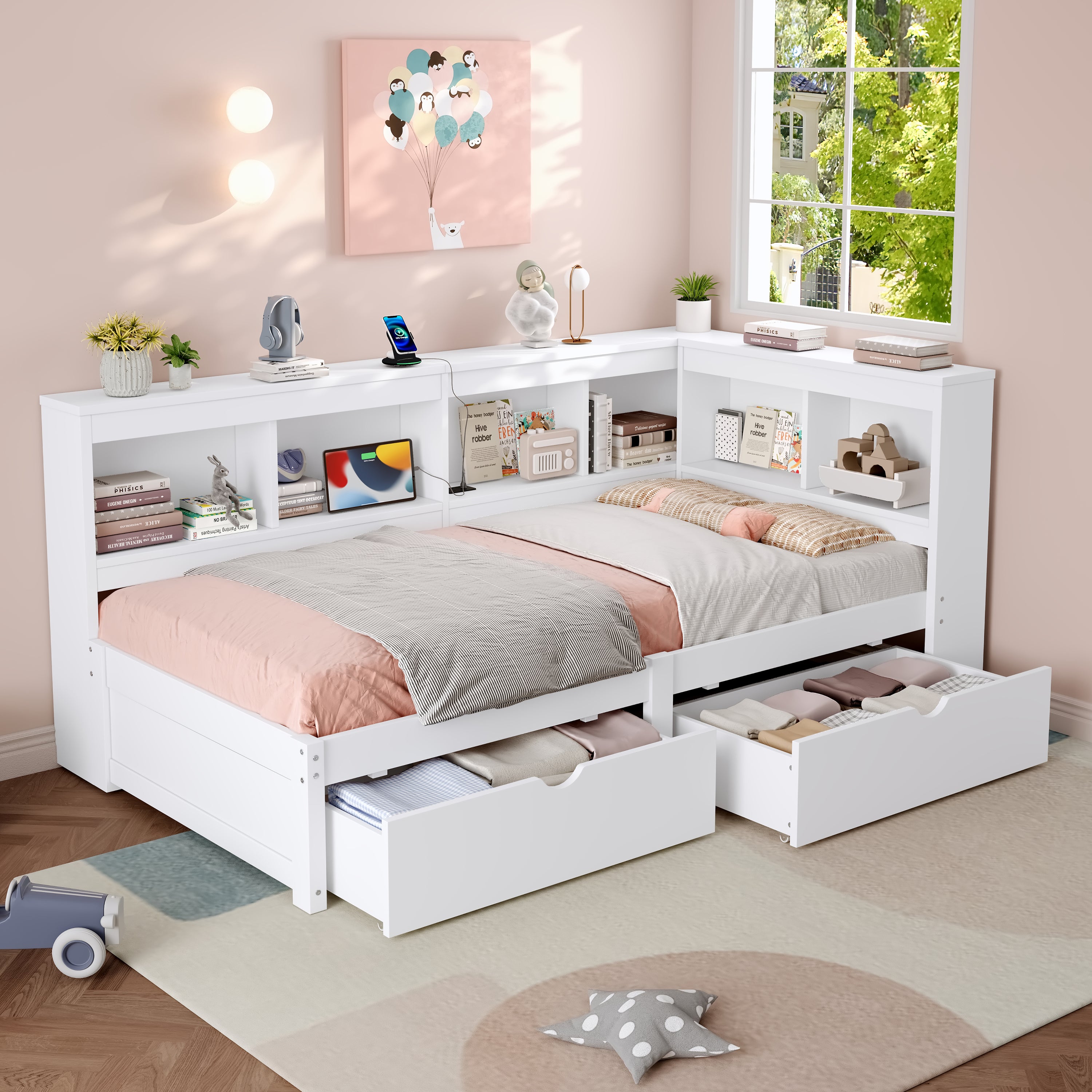 3ft Single L-Shape Daybed with Two Storage Drawers, Bookcase Storage, and Charging Station, Wood White