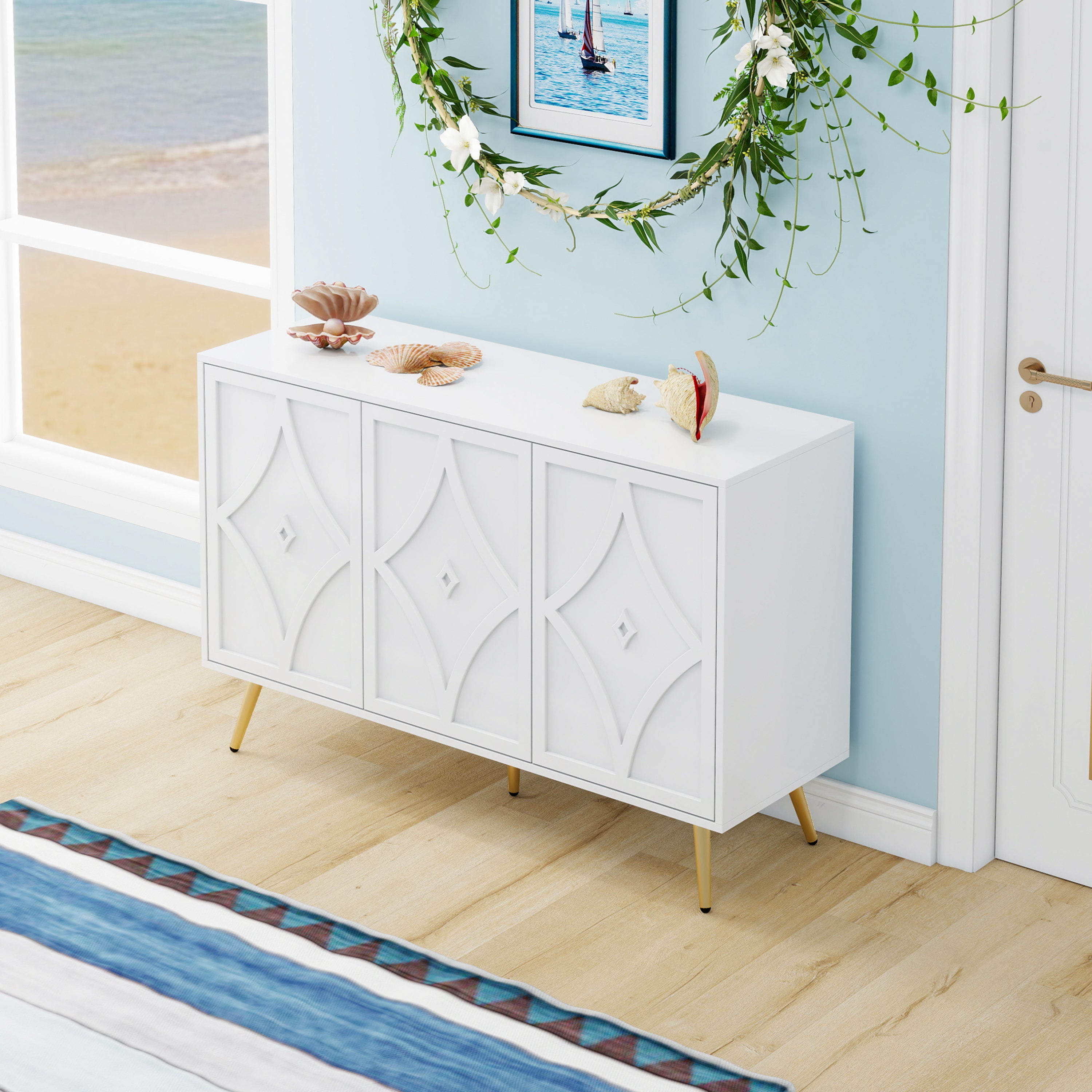 Sideboard Cabinet, 3-Door, 3D Carving, Gold Metal Legs, White