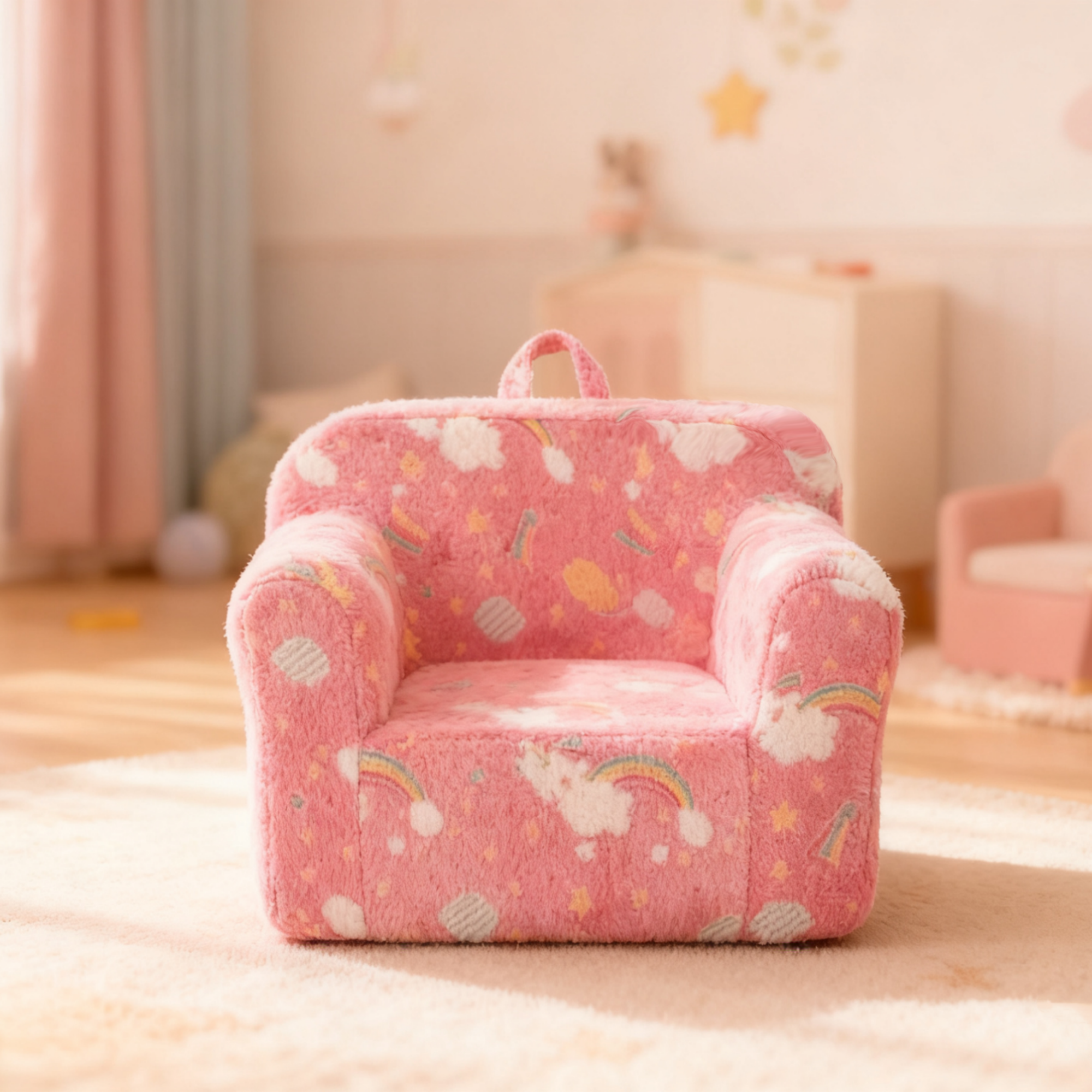 Children's Foam Chair/Sofa - Handle, Pockets - Pink Rainbow