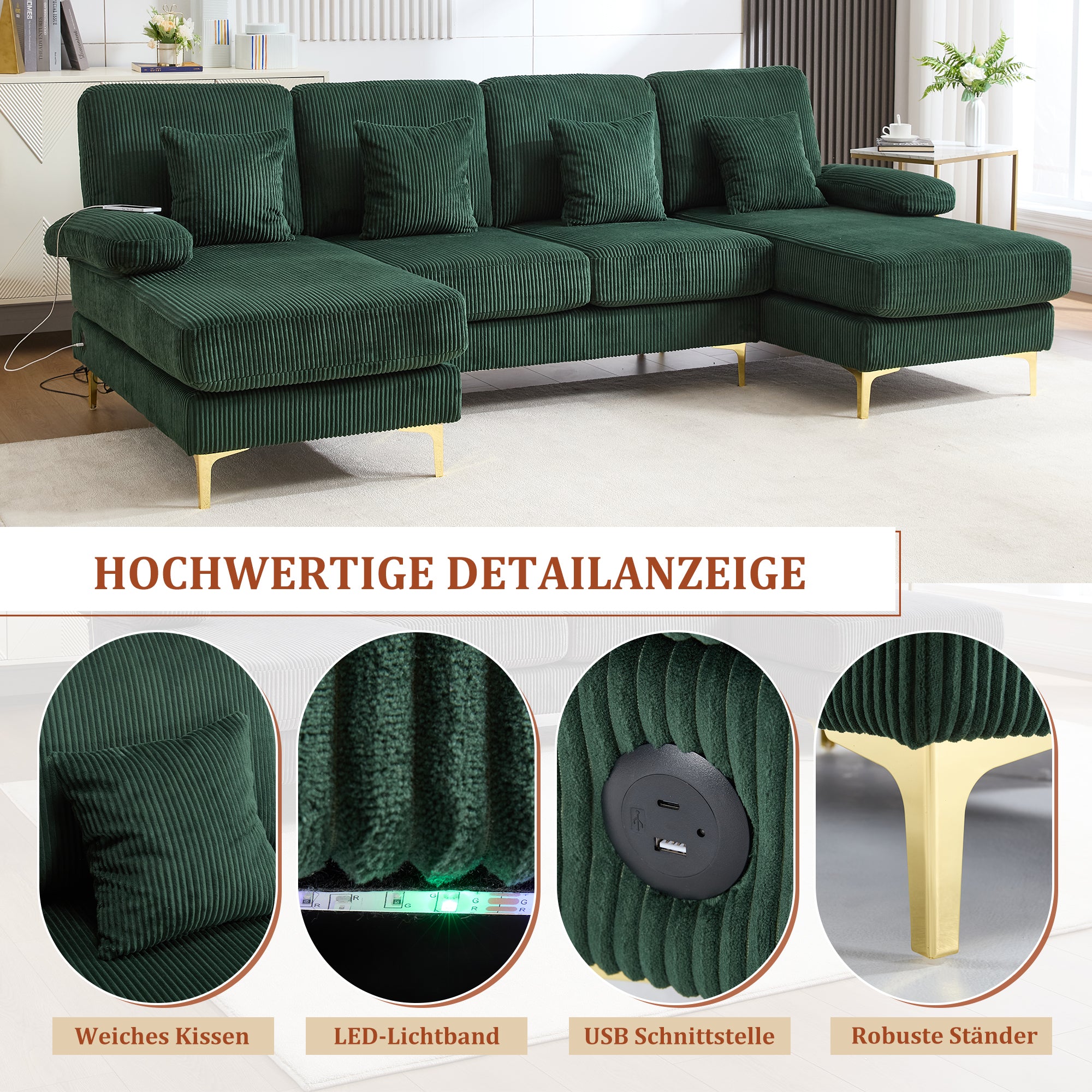 Sofa, U-Shaped with LED & USB-C, Dark Green