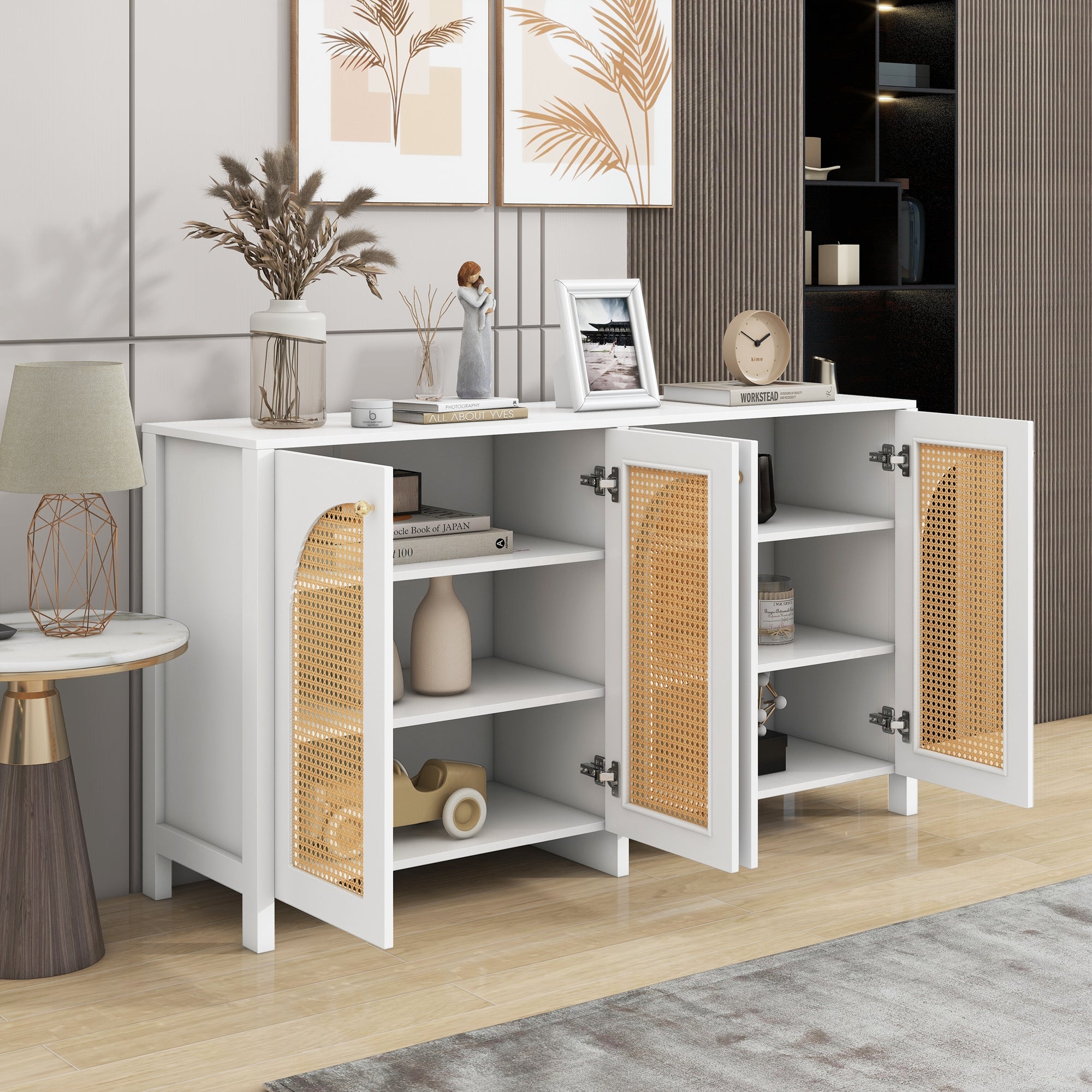 Sideboard, 4 Rattan Doors with Metal Handles, White