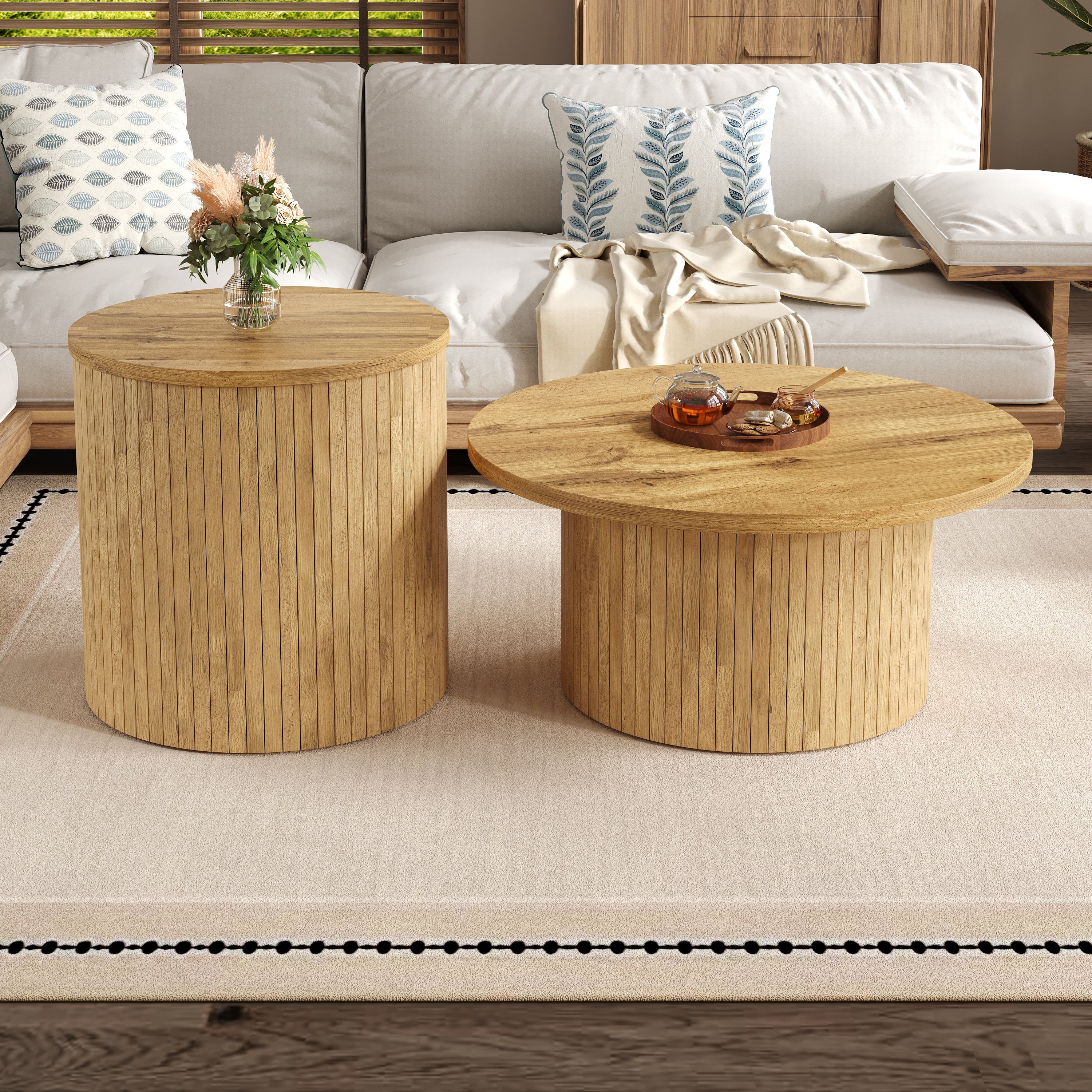 Coffee Table Double Round Slats Multifunctional - Natural Wood