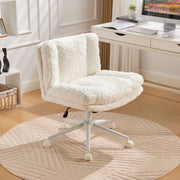 Wider Seat Office Chair with Artificial Rabbit Hair and Swivel Metal Base, Cream